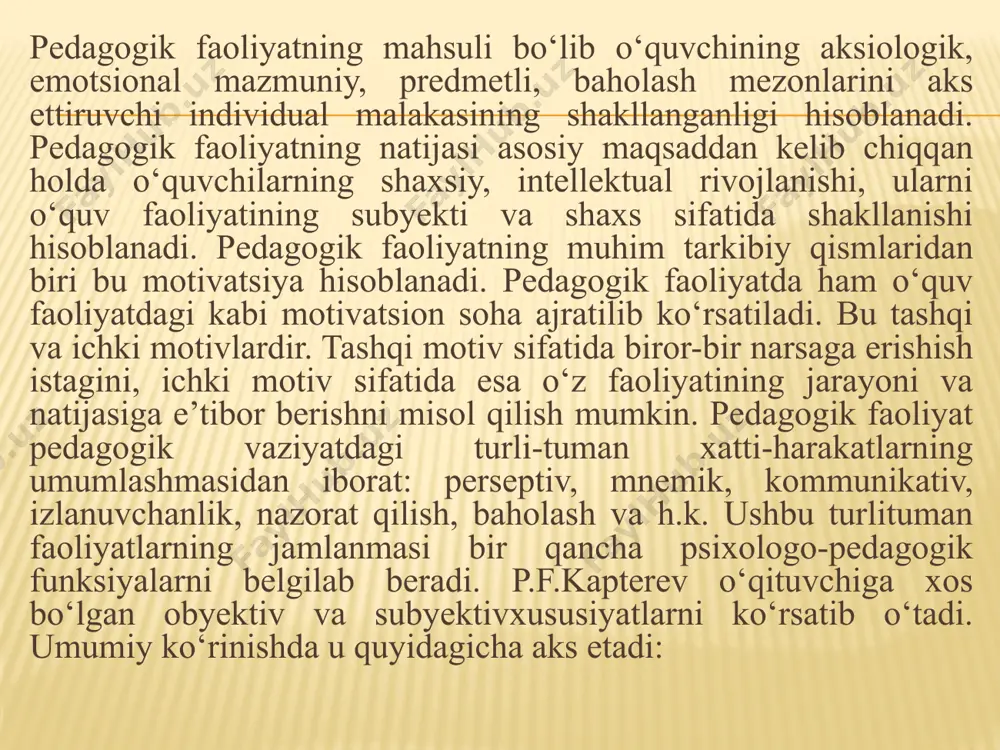 . 5. tashkilotchilik malakalari: bolalar jamoasini uyushtira bilishi, turli sharoitlarda bolalar jamoasini boshqara olishi, bolalarni nimalar bilandir qiziqtirib, ularni faollashtira olishi,amaliy masalalarni hal etishda o‘zining bilim va tajribalarini ustalik bilan tez qo’llay olishi. 6. kommunikativ malakalari: bolalarni o‘ziga jalb etishni bilishi; bolalar va ota-onalar bilan maqsadga muvofiq pedagogik munosabatlarni tiklashni bilishi, bolalarning jamoalararo va jamoa ichidagi o‘zaro munosabatlarini tartibga solishni bilishi, bolalar va ota-onalar bilan tashqaridan aloqa bog’lashni bilishi. 7. gnostik malakalari: bolalarning asab psixik taraqqiyoti darajasini aniqlay bilishi, o‘zining tajribasi va pedagogik faoliyati natijalarini tanqidiy tahlil qila olishi, boshqa o‘qituvchilarning tajribalarni o‘rganib, undan (nazariy va amaliy tomondan) to‘g‘ri xulosa chiqara olishi, psixologik-pedagogik adabiyotlardan foydalanishni bilishi, o‘quvchilarni to‘g‘ri tushunib, ularninig xulq-atvori sabablarini tushuntirishni bilishi. pedagogik faoliyat tezligi va muvaffaqiyati asosida n.v.kuzmina o‘qituvchilarni uch guruhga bo’ladi: 1. kasbiy malakalarni tez o‘zlashtiradi, o‘z faoliyatida tezda muvaffaqiyatga erishadi, dars qoldirmaydi. 2. kasbiy sifatlarni sekin o‘zlashtiradi, ba’zan dars qoldiradi, ammo pedagogik xususiyatlarni sekin-asta bo‘lsa-da …