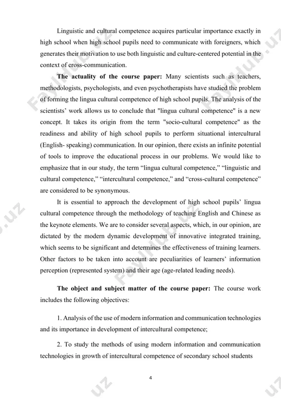 ith the goals and objectives of the work, the structure is composed of an introduction, two chapters, a conclusion, and a bibliography. chapter i. theoritical analysis and background of intercultural competence and the concept of modern information and communication technologies in teaching 1.1. theoretical background and aspects of intercultural competence in an increasingly networked and globalized world, cross-cultural competence is becoming increasingly important. but how can intercultural competence be defined? essentially, it is the ability to communicate effectively across cultures and to work with people from different cultural backgrounds. undoubtedly, intercultural competence is a valuable asset in today's world where global connectivity has become the norm. every day, both at work and in our personal lives, we interact with people from different countries and cultures who are likely to have different values and beliefs than our own. cross-cultural competence helps here – and is a must these days. intercultural competence …