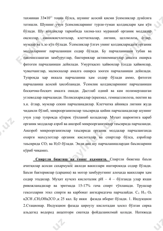 нг 60-йилларида луи пастер қатиқдан ажратиб олди. буни стрептококнус лактус деб аталди. с2н12о6 – 2сн3 снон соон ҳосил бўлади. бу фақатгина сут кислота ҳосил бўлганлиги учун гомоферментатив сут кислотали бижгиш дейилади. агарда глюкозада сут кислота ва этил спирт ҳосил бўлса, со2 ажралиб чиқса бундай бижгиш гетероферментатив сут кислотали бижгиш дейилади. бактериумлактис аэрогенез амалга оширса с6н12о6+сн3снонсоон+сн3сн2он+со2 шундай бижгиш содир бўлади. бифидобактериялар сирка кислота ва сут кислота ҳосил қиладилар, бундай бижгиш бифидобижгиш дейилади. бунда 2сн6н12о6+3сн3соон+2сн3снонсоон ҳосил бўлади. сут кислотали бижгиш аҳамияти катта. силос тайёрлашда, карам тузлаганда, катиқ пишлоқ тайёрлашда шу жараён амалга ошади. мой кислотали бижгиш. мой кислотали бижгишни кластридиум бутурикум бактерияси амалга оширади. умуман кластридиум авлодига кўп бактериялар киради ва улар эрувчан углеводларни, аминокислоталарни, азот сақловчи циклик бирикмаларни, этил спирти ва сирка кислотаси аралашмаларини бижгитиб турли махсулотлар ҳосил қиладилар. мой кислотали бижгиш умумий реакциясини тубандагича изохлаш мумкин. 4с6н12о6 + 3сн3 сн2 сн2 соон + 2сн3 соон +8 со2 + 8н2: мой …