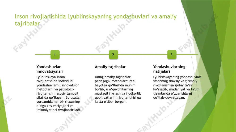 etgan, bu esa o‘quvchilarning faolligini oshiradi, fikrlash va muammo yechish ko‘nikmalarini rivojlantiradi. 4 yondashuvlarning integratsiyasi - u turli metodologiyalarni birlashtirib, ta’lim jarayonini yanada boyitgan va innovatsion yondashuvlar orqali inson kamolotiga erishishni ta’minlagan. psixologik va pedagogik yondashuvlar orqali inson kamolotini qo'llab-quvvatlash 01 motivatsiya va ruhiy qo‘llab-quvvatlash inson kamolotida motivatsiya va ruhiy qo‘llab-quvvatlash muhim rol o‘ynaydi, ular shaxsning o‘z maqsadlariga erishishidagi asosiy omil hisoblanadi. 02 individual yondashuv psixologik va pedagogik yondashuvlar shaxsning ehtiyojlari va xususiyatlariga mos ravishda individual tarzda ta'lim va rivojlanishni ta'minlaydi, bu esa inson kamolotiga yordam beradi. 03 empatiya va muloqot empatiya va samarali muloqot orqali pedagoglar va psixologlar o‘quvchilarga ishonch va xavfsizlik muhitini yaratib, ularning rivojlanishini qo‘llab-quvvatlaydi. 04 rivojlanish uchun muhit ijobiy va qo‘llab-quvvatlovchi muhit insonning intilishlarini rivojlantiradi, shuningdek, psixologik barqarorlik va pedagogik muvaffaqiyat uchun asos yaratadi. kultural o'zgarishlar va ta'lim metodologiyalarining o'zaro bog'liqligi innovatsion yondashuvlar kultural o'zgarishlar ta'lim metodologiyalariga yangi innovatsiyalarni olib keladi, bolalarning fikrlash va o'qish tarzini …