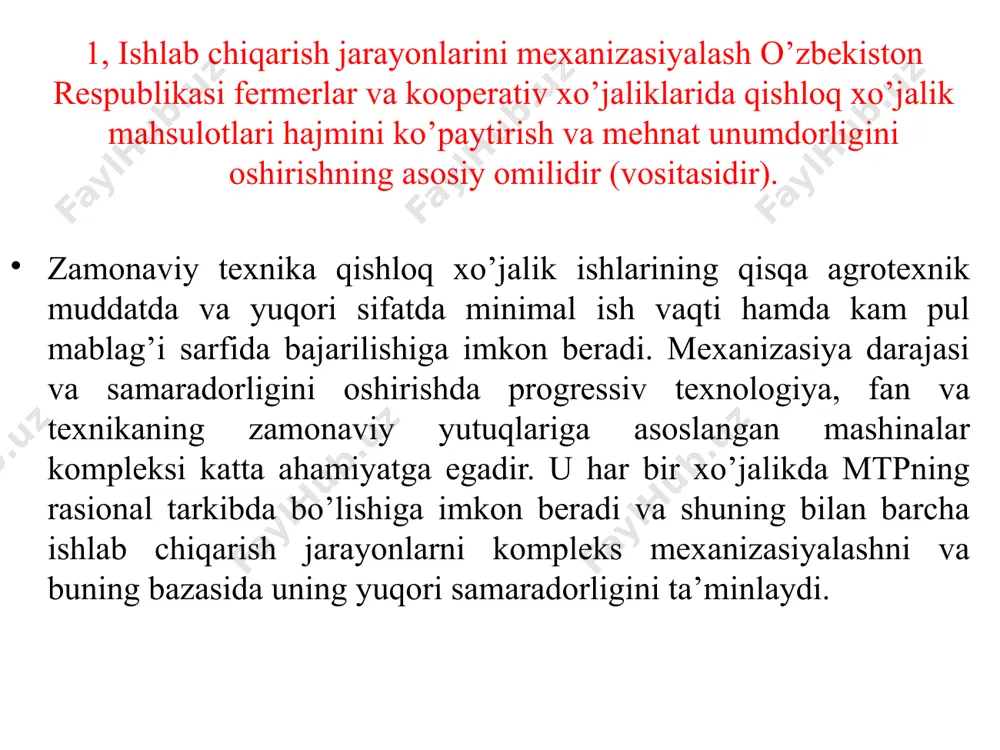 i va sharoitlariga bog’liq. bu borada o’zbekiston respublikasining sug’oriladigan dalalari juda katta bo’lmagan o’lchamdagi sug’orish kanallari va daraxtzorlar bilan chegaralangan bo’lib, mashinalardan foydalanishda ma’lum qiyinchiliklar tug’diradi. mexanizasiya ko’proq samarali bo’lishi uchun mta o’z o’lchamlari va texnik tavsiflari bilan muayyan xo’jalikning ishlatish shart-sharoitlariga mos kelishlari kerak. mta ning qishloq xo’jaligida ishlash quyidagi xususiyatlar bilan harakterlanadi: a) mashinaning zarur sharoitni (temperatura, namlik va x. k.) yaratish mumkin bo’lgan sanoatda ishlashidan farqi shundaki, qishloq xo’jaligida samarali ishlashi uchun ular doimo atmosfera ta‘sirida bo‘ladilar. b) sanoatda ishlov beriladigan material bevosita mashinaga uzatiladi, qishloq xo ‘jaligida esa mashina dalada siljib, ishlov beriladigan materialga o ‘z ta‘sirini o ‘tkazadi (tuproqga, o ‘simlikka). v) qishloq xo’jajik mashinasi jonh miihit bilan o’zaro ta’sirlashadi, u o‘simlikka zarar etkazmasligi va nniug o‘sishiga halaqit bermasligi kerak. g) sanoatda ishlarni bajarish amaliyotda kalendar nmddatlarga bog‘liq bo‘imaydi vaholauki, qishloq xo‘jaligida barcha ishlar o‘simliklarning o’sish fazalariga bog’liq bo’lgan aniq muddatlarda bajarilishi zarur. bularning hammasi …