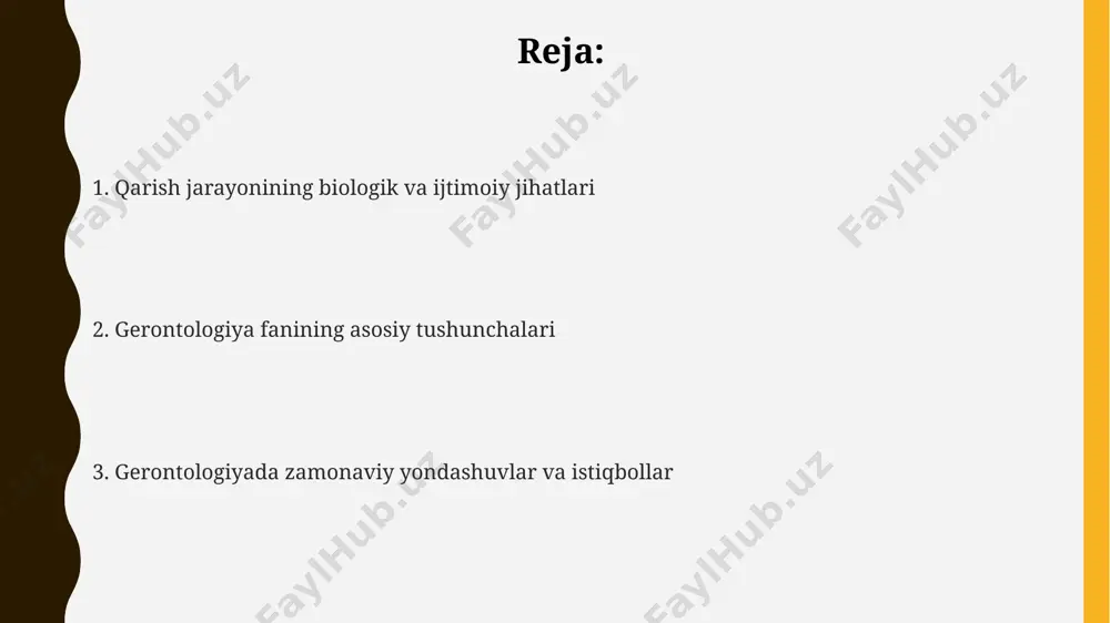 arda oilaviy nizolar va qo'llab-quvvatlash etishmasligiga olib keladi. qarilik davrida ijtimoiy rolning o'zgarishi 65 yoshdan keyin 70% ga yaqin odamlar mehnat faoliyatini to'xtatib, ijtimoiy aloqalar doirasini qisqartiradi, bu esa depressiya va yolg'izlik xavfini oshiradi. qarilikdagi sog'liqni saqlash muammolari osteoporoz, suyak zichligining pasayishi, ayniqsa, 75 yoshdan oshgan ayollarda keng tarqalgan va sinishlar xavfini sezilarli darajada oshiradi. demensiya, shu jumladan altsgeymer kasalligi, 65 yoshdan oshganlarning taxminan 10 foizida uchraydi va kognitiv funksiyaning sezilarli darajada pasayishiga olib keladi. qarilikda yurak-qon tomir kasalliklari, jumladan, gipertenziya va koronar arteriya kasalliklari xavfi 65 yoshdan oshganlarda 2-3 baravar ortadi. gerontologiya nima? ushbu soha demografik oʻzgarishlarni, yaʼni 60 yoshdan oshgan aholi sonining 2050-yilga kelib ikki barobarga oshishini prognoz qilib, keksayganlarga yordam berish strategiyasini ishlab chiqishga yordam beradi. gerontologiya biologiya, tibbiyot, sotsiologiya va psixologiyaning prinsiplarini qoʻllab, keksayish jarayoniga taʼsir qiluvchi omillarni, masalan, genetik va atrof-muhit omillarini 4ta asosiy toifaga boʻlib oʻrganadi. gerontologiya qarish jarayonini, keksayganlarning sogʻligʻi, ijtimoiy va psixologik …