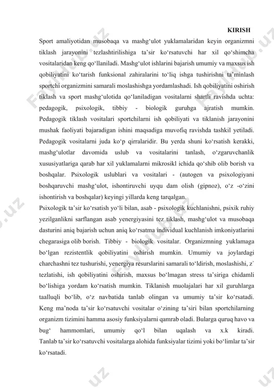 lamaga bo‘lgan rezistentlik qobiliyatini oshirish mumkin. umumiy va joylardagi charchashni tez tushurishi, yenergiya resurslarini samarali to‘ldirish, moslashishi, z` tezlatishi, ish qobiliyatini oshirish, maxsus bo‘lmagan stress ta’siriga chidamli bo‘lishiga yordam ko‘rsatish mumkin. tiklanish muolajalari har xil guruhlarga taalluqli bo‘lib, o‘z navbatida tanlab olingan va umumiy ta’sir ko‘rsatadi. keng ma’noda ta’sir ko‘rsatuvchi vositalar o‘zining ta’siri bilan sportchilarning organizm tizimini hamma asosiy funksiyalarni qamrab oladi. bularga quruq havo va bug‘ hammomlari, umumiy qo‘l bilan uqalash va x.k kiradi. tanlab ta’sir ko‘rsatuvchi vositalarga alohida funksiyalar tizimi yoki bo‘limlar ta’sir ko‘rsatadi. umumtoniziriyushiy tadbirlarga keng ravishda ta’sir ko‘rsatuvchi, sportchi organizmiga chuqur ta’sir ko‘rsatmaydigan (ultrafimetli nurlanish, ayrim yelektr muolajalarini rasionallashtirish). mashg‘ulot uchun ahamiyatlaridan biri tanlab ta’sir ko‘rsatuvchi vositalari hisoblanadi. 1. mashg‘ulot jarayonidagi davriy o‘zgarishlarning sabablari va shartlari sport formasining tashkil topishi, saqlab turilishi va vaqtincha yo‘qotilishi nihoyatda aniq mashg‘ulotlar ta’siri natijasida ro‘y beradi. sport formasining taraqqiyot fazasiga qarab ular ning xarakteri o‘zgarib turadi. shunga muvofiq mashg‘ulot jarayoni …