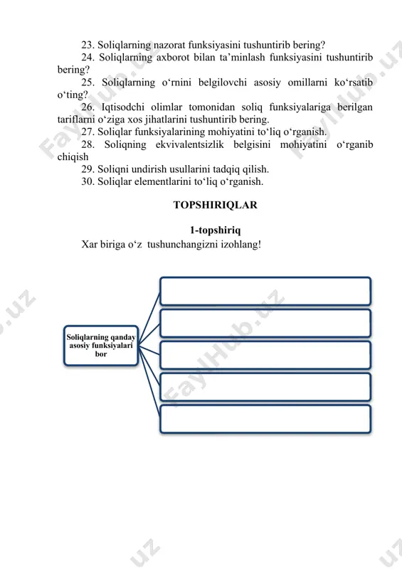 ilgan tariflarni o‘ziga xos jihatlarini tushuntirib bering. 27. soliqlar funksiyalarining mohiyatini to‘liq o‘rganish. 28. soliqning ekvivalentsizlik belgisini mohiyatini o‘rganib chiqish 29. soliqni undirish usullarini tadqiq qilish. 30. soliqlar elementlarini to‘liq o‘rganish. topshiriqlar 1-topshiriq xar biriga o‘z tushunchangizni izohlang! 2-topshiriq soliq tizimidagi tamoyillarni izohlab bering! 3-topshiriq soliq elementlari bir nechta tushunchalardan iborat bo‘lib, ularga izoh bering? 4-topshiriq tushunchalar tahlili amalga oshiring. tushunchaning nomi mazmuni va tarkibi izohlang soliq –bu soliqlarning qanday o‘ziga xos belgilari mavjud soliqlarning qanday funksiyalari mavjud soliq elementlari soliq stavkalarining turlari soliqlarning iqtisodiy mohiyati jismoniy shaxs yuridik shaxs umumbelgilangnan soliqlar mahalliy soliqlar test №1. soliq – bu: a) soliq to‘lovchilar o‘rtasidagi munosabatdir b) davlat budjetiga majburiy va beg‘araz to‘lanadigan to‘lov s) davlat ixtiyoriga olinadigan soliqdir d) davlat budjetining asosiy vositasidir №2. budjetga tushishiga ko‘ra soliqlar necha guruhga bo’linadi? a) mahalliy va umumdavlat b) umumdavlat va markaziy s) mahalliy va viloyat d) soliqqa tortishning shakl va usullari №3. soliq …