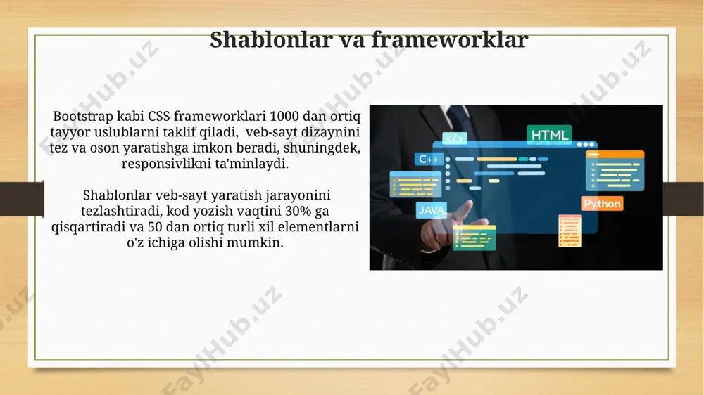 di. xatoliklarni tuzatish va diagnostika css va javascript kodlaridagi xatolar veb-saytning ko'rinishi va funksionalligiga ta'sir qiladi; ularni "console" yordamida aniqlash va kamida 5 ta turdagi xatolikni bartaraf etish mumkin. html fayllarini tekshirishda brauzerning "developer tools" yordamida 404 xatoliklari, sintaksis xatolari kabi 10 dan ortiq xatolarni aniqlash va ularni tuzatish mumkin. ro'yxatlar yaratish htmlda tartibli ro'yxatlar ( ) raqamlangan elementlarni, masalan, 1, 2, 3 yoki a, b, c kabi belgilarni ishlatib, tartibli ketma-ketlikda ko'rsatish imkonini beradi, bu esa ma'lumotlarni mantiqiy guruhlashga yordam beradi. tartibsiz ro'yxatlar ( ) elementlarni tartiblanmagan holda, odatda nuqta yoki boshqa belgilar bilan ko'rsatib, ma'lumotlarning ierarxiyasini yoki bir-biriga bog'liq bo'lmagan elementlar to'plamini ifodalashda qo'llaniladi. ular 3 dan ortiq darajali ichki ro'yxatlarni ham qo'llab-quvvatlaydi. seo optimallashtirish google search console va google analytics kabi seo instrumentlaridan foydalanib, sayt trafigini tahlil qilish va 404 xatolarini aniqlash orqali saytning texnik jihatdan seo'sini yaxshilashingiz mumkin. yuqori sifatli, foydali va o'qishga qulay bo'lgan kontent …