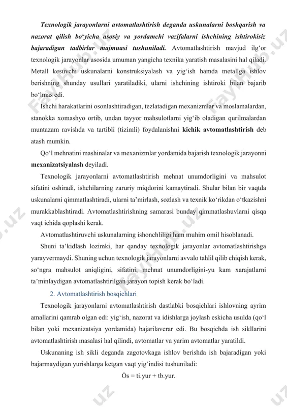 nazorat va idishlarga joylash eskicha usulda (qo‘l bilan yoki mexanizatsiya yordamida) bajarilaverar edi. bu bosqichda ish sikllarini avtomatlashtirish masalasi hal qilindi, avtomatlar va yarim avtomatlar yaratildi. uskunaning ish sikli deganda zagotovkaga ishlov berishda ish bajaradigan yoki bajarmaydigan yurishlarga ketgan vaqt yig‘indisi tushuniladi: òs = ti.yur + tb.yur. b u y e r d a: ti.yur — ish bajariladigan yurish vaqti; tb.yur. — bo‘sh (bekor — õîëîñòîé) yurish vaqti. texnologik amallarda ish bajaradigan yurish bevosita kesib ishlov berishda sodir bo‘ladi (zagotovkaning holati, shakli va sifatlari o‘zgaradi). bekorchi yurishlar ish bajaradigan yurishni tayyorlaydi, lekin ishlov bilan bevosita bog‘liq emas. masalan, asbobni yaqinlashtirish va uzoqlashtirish, zagotovkani ishlovga o‘rnatish va qotirish, ishlovi tugagan zagotovkani yechib olish va sh.k. ish bajaradigan va bekorchi yurishlar ustma-ust tushib qolishi mumkin. har qanday stanok ish bajaradigan yurishni mustaqil holda bajaradi. agar u bekorchi yurishni ham mustaqil bajarsa, bunday stanok avtomat deyiladi. demak, avtomat, bu — o‘z-o‘zini boshqaradigan stanok …
