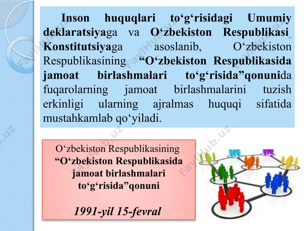 etilishini ta’minlaydi hamda konstitutsiyaga muvofiq ular o‘z ustavlaridagi vazifalarni bajarishlari uchun shart-sharoit yaratilishiga kafolat beradi. ustavda belgilangan vazifalarga muvofiq faoliyati butun jumhuriyat hududida amalga oshiriladigan jamoat birlashmalari jumhuriyat jamoat birlashmalariga kiradi. bunda siyosiy partiyaning kamida sakkizta hududiy subyektda (viloyatda), shu jumladan qoraqalpog‘iston respublikasi va toshkent shahrida yashayotgan kamida yigirma ming, kasaba uyushmasining esa, kamida uch ming a’zosi bo‘lishi kerak. viloyat, nohiya, shahar, posyolka va qishloq jamoat birlashmalari mahalliy jamoat birlashmalariga kiradi. jamoat birlashmasi kamida o‘n nafar fuqaroning tashabbusi bilan tuziladi. jamoat birlashmasini tuzish tashabbuskorlari ta’sis syezdini yoki umumiy yig‘ilishini chaqiradilar, unda ustav qabul qilinadi va rahbar idoralar tuziladi. o‘zbekiston respublikasi fuqarolari jamoat birlashmasi a’zolari (qatnashchilari) bo‘ladilar. siyosiy partiyalardan tashqari jamoat birlashmalarining ustavida chet el fuqarolari va fuqaroligi bo‘lmagan shaxslarning birlashmaga a’zo bo‘lishlari ko‘zda tutilishi mumkin. o‘zbekiston respublikasining o‘n sakkiz yoshga to‘lgan fuqarolari jumhuriyat siyosiy partiyalarining a’zolari bo‘lishlari mumkin. bir siyosiy partiyaning a’zosi ayni vaqtda boshqa siyosiy partiyaning a’zosi bo‘la olmaydi. …