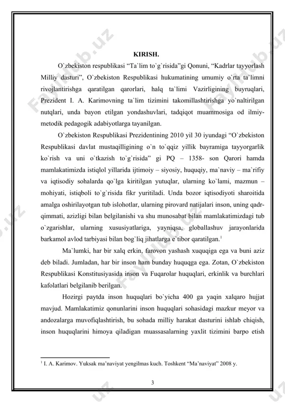 rilishi borasida har tomonlama rivojlanish va yuksalish davri bо`lganligi bugan hech kimga sir emas. о`zbekistonning mustaqilligi oson va о`z - о`zidan qо`lga kiritilmadi, balki yurtboshimiz rahnamoligidagi halqimizning sobitqadam va sermashaqqat faoliyatining natijasi bо`ldi. shu ma`noda istiqlol kimningdir in`omi emas, balki kо`plab kurashlar, muntazam hamda samarali faoliyat asosida qо`dga kiritilgan qonuniy natija, xalqimizning ulkan yutug`idir. bugungi kunda xalqaro hamjamiyatning e`tirofiga kо`ra, prezident islom karimov tomonidan asoslab berilgan jamiyat hayotini tubdan isloh qilish, jahonda moliyaviy – iqtisodiy inqiroz bо`lib turganiga qaramay, iqtisodiy rivojlanish va ijtimoiy hayotni erkinlashtirish, jamiyatni demokratlashtirish va bosqichma - bosqich modernizatsiyalash modeli amalda о`zini tо`la oqlamoqda. mustaqillik – xalqimizning ulkan yutug`idir. zero, mamlakatimizda millatlararo va dinlararo ziddiyatlarni oldini olish, ichki va tashqi buzg`unchi kuchlarni bartaraf etish bо`yicha amalga oshirilgan keskin choralar va ularnig ahamiyati vaqi о`tibgina yanada qadrli bо`lmoqda. mustaqillik – demokratik islohotlar kafolati. prezident islom karimov asoslab berganidek, mamlakatni yangilash va modernizatsiyalash tadrijiylik va izchillikka erishish kafolat bо`lib …