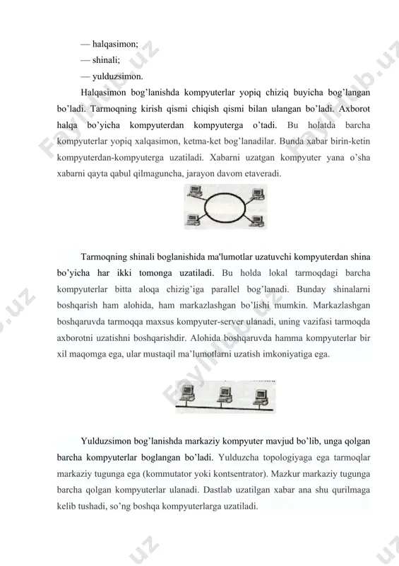 oqning shinali boglanishida ma'lumotlar uzatuvchi kompyuterdan shina bo’yicha har ikki tomonga uzatiladi. bu holda lokal tarmoqdagi barcha kompyuterlar bitta aloqa chizig’iga parallel bog’lanadi. bunday shinalarni boshqarish ham alohida, ham markazlashgan bo’lishi mumkin. markazlashgan boshqaruvda tarmoqqa maxsus kompyuter-server ulanadi, uning vazifasi tarmoqda axborotni uzatishni boshqarishdir. alohida boshqaruvda hamma kompyuterlar bir xil maqomga ega, ular mustaqil ma’lumotlarni uzatish imkoniyatiga ega. yulduzsimon bog’lanishda markaziy kompyuter mavjud bo’lib, unga qolgan barcha kompyuterlar boglangan bo’ladi. yulduzcha topologiyaga ega tarmoqlar markaziy tugunga ega (kommutator yoki kontsentrator). mazkur markaziy tugunga barcha qolgan kompyuterlar ulanadi. dastlab uzatilgan xabar ana shu qurilmaga kelib tushadi, so’ng boshqa kompyuterlarga uzatiladi. bog’lash uchun qo’llaniladigan kabellar uzatish muhiti deb yuritiladi. kabellar asosan uchga bo’linadi: -koaksial kabellar (coaxial cable), ular televizion antennaga juda o’xshash. o’tkazish tezligi: 10 mbit/sek. asosan bino ichidagi tarmoqni hosil qilishda foydalaniladi. -juftli o’ram kabellari (tvisted pair) telefon simini eslatadi. o’tkazish tezligi: 100 mbit/sek. asosan bino ichidagi tarmoqni hosil qilishda foydalaniladi …