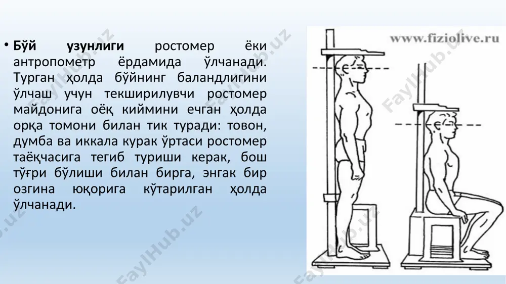 hisining kamayishiga olib kelsa, manfiy hisoblanadi. indeks usuli: m = 50 + (l - 150) x 0,32 + yosh -21 (ayollar uchun) 5 og‘irlik (m) va bo‘y (l) orasidagi o‘zaro bog‘liqlikni broks tavsiya etgan oddiy hisoblash orqali topish mumkin: l = 155 – 165 sm bo‘lganda, m = l - 100 (kg), l = 166 – 175 sm bo‘lganda, m = l - 105 (kg), l = 175 sm dan yuqori bo‘lganda, m = l - 110 (kg). ketle indeksi yoki og‘irlik – bo‘y indeksi. bu usul bilan bo‘yning har bir santimetriga qancha gramm og‘irlik bo‘lishi kerakligi aniqlanadi. tana og‘irligi, gr bo‘y uzunligi, sm ga nisbati og‘irlikli (gr) bo‘yga (sm) bo‘lib topiladi, erkaklar uchun o‘rtacha 370-400 gr sm ga aniq bo‘ladi, ayollarda 325-375 gr. sm. xayot indeksi . __o‘ts, ml____ tana og‘irligi,kg ga nisbati bu indeks nafas olish apparatining funktsional imkoniyatlari haqida ma'lumot beradi va uts ni (ml) tana og‘irligiga …