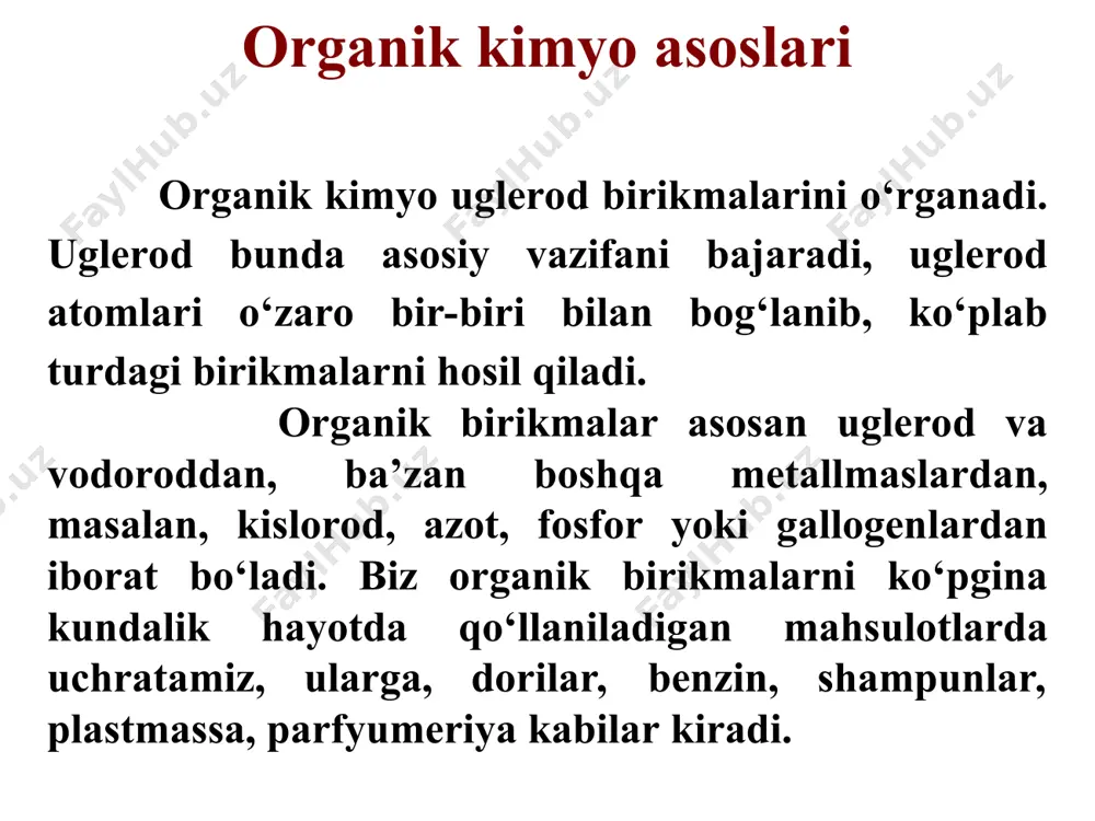 biatli radikal bilan oddiy bog’lar orqali bog’langan kislorod atomini (-o-) saqlaydi. efirlar suv va spirtlar kabi burchakli strukturaga ega bo’lib, suvdagi ikki vodorod atomlari uglreod gruppalari bilan almashingan. efirlar tibbiyotda anestetik moddalar sifatida ishlatiladi dimetil efir aldegidlar va ketonlar tarkibida karbonil guruhini tutuvhi moddalar aldegidlar va ketonlar deb nomlanadi aldegid keton farmaldegid formaldegid bug’lari ko’z, burun va yuqori nafas olish yollariga qozg’atuvchi ta’sir ko’rsatib, toshma, bosh og’rig’i, bosh aylanishi va umuiy holsizlik keltirib chiqadi. formaldegid, rangsiz, o’tkir qo’lansa hidli oddiy aldegiddir. uning 40%li eritmasi formalin deb ataladi. formalin eritmasi tibbiyotda bakteristid vosita sifatida va biologik preparatlarni saqlashda ishlatiladi.. * atseton atseton lak-bo’yoq sanoatida erituvchi sifatida ishlatiladi va organizmda patologik holatlarda hosil bo’ladi atseton juda tez yonadi, shuning uchun undan foydalanayotganda ehtiyot bo’lish kerak. organizmda atseton nazoratsiz diabetda, ochlikda, oqsil miqdori ko’p bo’lgan ovqatlar istemol qilinganda, katta miqdordagi yog’lar energiya ishlab chiqarganda hosil bo’ladi. bioorganik kimyoning vazifalari : biologik faol moddalarning …