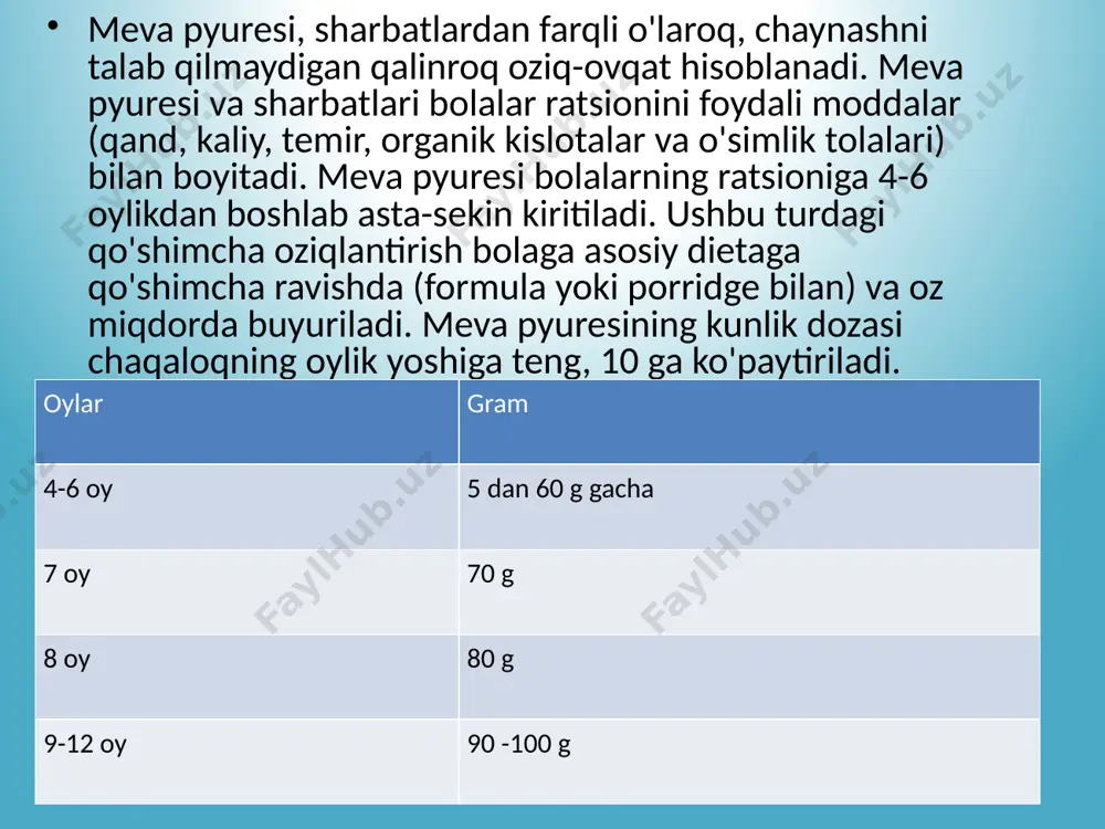 nets, xrom, rux, kaliy, fosfor, yod, tola, pektinlar, shakar, organik kislotalar mavjud. olma immunitet tizimini mustahkamlashga, ichak faoliyatini yaxshilashga, organizmdan toksinlarni olib tashlashga yordam beradi, kamqonlikning yaxshi oldini oladi va tanadan xolesterinni olib tashlashga yordam beradi. 7 oydan boshlab - peach foydali xususiyatlari: tarkibida c, b, k, e, pp vitaminlari, olma, tartarik va limon kislotalari mavjud. minerallardan - magniy, kaliy, fosfor, temir, mis, marganets, sink, selen. immunitet tizimini mustahkamlang, ovqat hazm qilishni yaxshilang, oshqozonning sekretor faolligini oshiring va qon tomirlari devorlarini mustahkamlang. ular antihelmintik xususiyatlarga ega. , buyrak va jigar kasalliklarida foydalidir . o'rik o'rik mevalarida shakar, inulin, limon, tartarik va olma kislotalari, b, c, e, p vitaminlari, provitamin a, temir, kaliy, magniy, fosfor, yod mavjud. o'riklarni muntazam iste'mol qilish qalqonsimon bez kasalliklarining rivojlanishiga to'sqinlik qiladi. bundan tashqari, yod lipotropik va antixolesterin ta'siriga ega. o'rik tarkibida toksik metabolik mahsulotlar va xolesterinni tanadan olib tashlaydigan pektin mavjud. o'rik mevalari gemoglobinni oshiradi, …