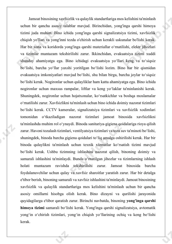 atik yong‘in o‘chirish tizimlari uchun o‘rinlarni aniqlashda muhandislikka yordam beradi. binoning evakuatsiya yo‘llari va strukturasi bu tizimlarning samarali ishlashini ta'minlash uchun muhandislik bilan uyg‘un bo‘lishi kerak. nogironlar uchun qulayliklarni yaratishda arxitekturaviy dizayn liftlar, rampalar va keng yo‘laklar kabi muhandislik yechimlariga moslashtirilishi lozim. shuningdek, binoning ichki va tashqi makonida xavfsizlik va qulaylikni ta'minlash uchun texnologik yechimlar, masalan, cctv kameralar, ventilyatsiya tizimlari va toza suv ta'minoti muhandislik yechimlari bilan integratsiya qilinishi kerak. bino energiya samaradorligini ta'minlashda, arxitektura va muhandislikning integratsiyasi binoning isitish, sovutish va yoritish tizimlarini optimal ishlashini ta'minlashi kerak. bu esa binoning ekologik toza va energiya tejamkor bo‘lishini ta'minlashga yordam beradi. umuman olganda, arxitektura va muhandislik yechimlarini integratsiya qilish, binoning xavfsiz, qulay va samarali ishlashini ta'minlashda zarur. har ikkala soha o‘rtasidagi uyg‘unlik binoning foydalanuvchilari uchun maksimal qulaylik va xavfsizlik yaratadi. arxitekturaviy va muhandislik yechimlarini integratsiya qilish, jamoat binosining samarali va xavfsiz ishlashini ta'minlash uchun juda muhimdir. bu integratsiya, binoning turli elementlarining …