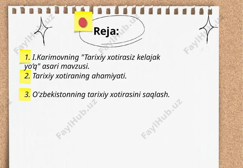 qator muhim xatti-harakatlar amalga oshirilmoqda. respublikada 8000 ga yaqin moddiy madaniy meros ob'ektlari davlat muhofazasiga olingan. 1870 yilga oid 1,5 milliondan ortiq arxiv hujjatlari o'zbekiston milliy arxivida saqlanmoqda. 30 dan ortiq muzey va galereyalar tarixiy yodgorliklarni namoyish qilishda ishtirok etadi. har yili 9 may kuni xotira va qadrlash kuni sifatida nishonlanadi. samarqand, buxoro va xivada joylashgan tarixiy obidalar yuneskoning jahon merosi ro'yxatiga kiritilgan. bu tadbirlar milliy merosni asrab-avaylash va kelajak avlodlarga etkazishda muhim o‘rin tutadi. ... t.me/slaydai_bot 4. mustaqillik davri va tarixiy xotira. 4. mustaqillik davri va tarixiy xotira haqida ma'lumot: 1991-yil 31-avgust kuni o'zbekiston respublikasi mustaqillikka erishdi. 1-sentabr mustaqillik kuni sifatida har yili nishonlanadi. 1991-yil 1-sentabrda o'zbekiston respublikasi oliy kengashi tomonidan mustaqillik deklaratsiyasi qabul qilindi. 1992-yilda milliy bayroq, gerb va madhiya tasdiqlandi. 1994-yilda o'zbekiston respublikasi konstitutsiyasi qabul qilindi. 2001-yilda "tarixiy xotira" kuni joriy etildi. mustaqillik davrida o'zbekiston iqtisodiy, siyosiy va ijtimoiy sohalarda islohotlar olib bordi va xxi asrda yangi …