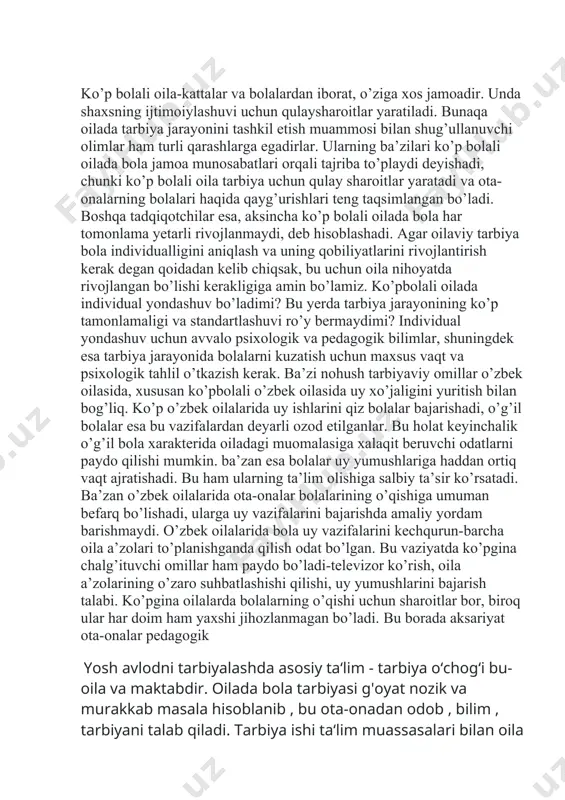 bo’ladi. boshqa tadqiqotchilar esa, aksincha ko’p bolali oilada bola har tomonlama yetarli rivojlanmaydi, deb hisoblashadi. agar oilaviy tarbiya bola individualligini aniqlash va uning qobiliyatlarini rivojlantirish kerak degan qoidadan kelib chiqsak, bu uchun oila nihoyatda rivojlangan bo’lishi kerakligiga amin bo’lamiz. ko’pbolali oilada individual yondashuv bo’ladimi? bu yerda tarbiya jarayonining ko’p tamonlamaligi va standartlashuvi ro’y bermaydimi? individual yondashuv uchun avvalo psixologik va pedagogik bilimlar, shuningdek esa tarbiya jarayonida bolalarni kuzatish uchun maxsus vaqt va psixologik tahlil o’tkazish kerak. ba’zi nohush tarbiyaviy omillar o’zbek oilasida, xususan ko’pbolali o’zbek oilasida uy xo’jaligini yuritish bilan bog’liq. ko’p o’zbek oilalarida uy ishlarini qiz bolalar bajarishadi, o’g’il bolalar esa bu vazifalardan deyarli ozod etilganlar. bu holat keyinchalik o’g’il bola xarakterida oiladagi muomalasiga xalaqit beruvchi odatlarni paydo qilishi mumkin. ba’zan esa bolalar uy yumushlariga haddan ortiq vaqt ajratishadi. bu ham ularning ta’lim olishiga salbiy ta’sir ko’rsatadi. ba’zan o’zbek oilalarida ota-onalar bolalarining o’qishiga umuman befarq bo’lishadi, ularga uy vazifalarini …