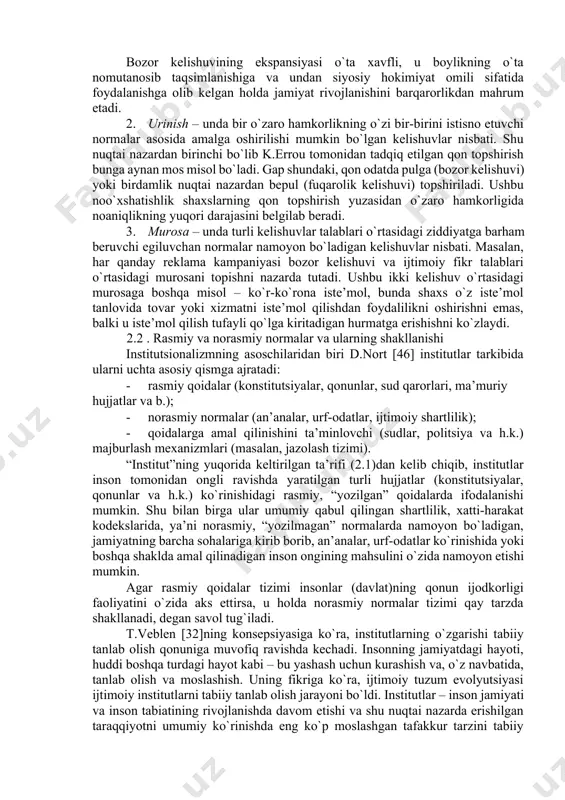 ashqaridan berilgan xattiharakat natijasini emas, balki anglab yetilgan tanlov natijasini ko`rishga intiladi. umuman olganda, ijtimoiy tanlash nazariyasida normalar: oqilona tanlash natijasi sifatida qaraladi. kelishuvlar iqtisodida esa normalar oqilona xattiharakatning omili sifatida tahlil qilinadi. ijtimoiy tanlash nazariyasi (d.byukenen) birinchi galda siyosiy tanlov natijasini aks ettiruvchi va huquqda qayd etiladigan yuridik normani o`rganadi. yuridik normalarni izohlash uchun oqilona tanlashning neoklassik modelidan foydalaniladi. xususan, shu narsa nazarda tutiladiki, byukenen uchun siyosat - bu huddi insonlar bozorda faqat o`z afzal bilishlariga amal qilgan holda tovarni xarid qilgani kabi, uning asosida ular turli xil muqobil variantlarni, ularni o`z qadrqimmati bilan qiyoslagan holda, tanlaydigan murakkab institutsional jarayon hisoblanadi. boshqa so`z bilan aytganda, norma va qoidalar siyosat bozorida shaxslar o`rtasidagi o`zaro hamkorlik natijasida paydo bo`ladi. bundan normalarni baholashning navbatdagi mezoni – ularning samaradorligi kelib chiqadi. normalar faqat ular o`ziga xos qadr-qimmatga asoslanganda samarali bo`lib, yakka manfaatlarni o`zaro foydali tarzda amalga oshirishga ko`maklashadi [47]. ijtimoiy tanlash nazariyasiga xos …