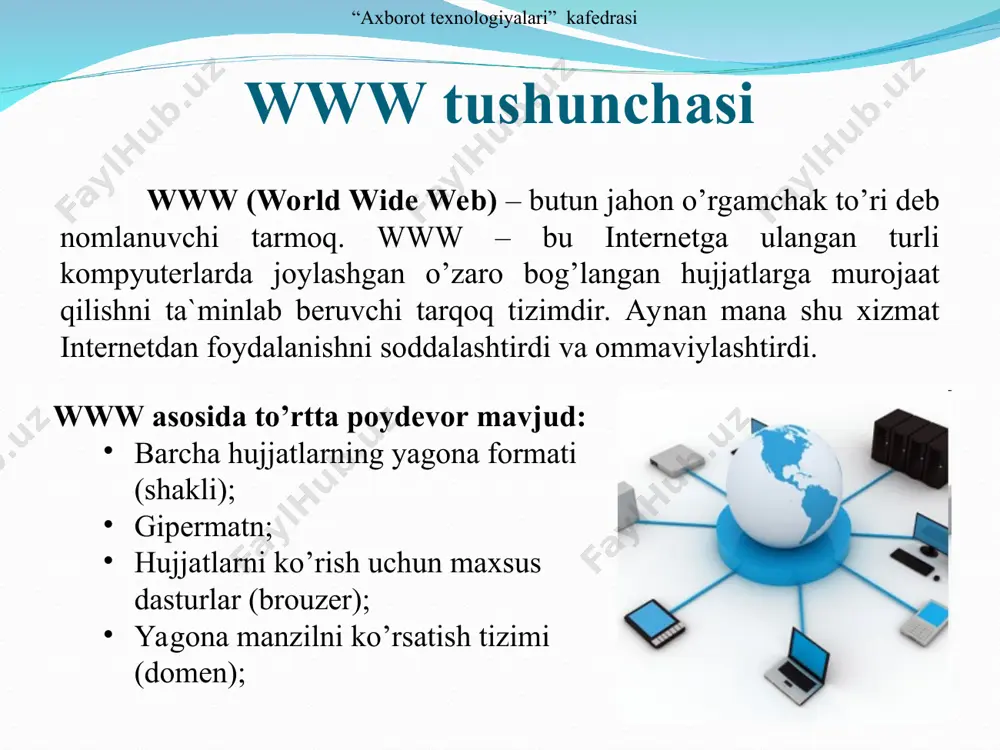 idan bevosita foydalanish imkoni beriladi. mijoz avval proksi serverga ulanadi va u orqali boshqa serverda joylashgan biron bir resursga murojaat qiladi. misol tariqasida shuni keltirish mumkinki, ko’pgina hollarda kompyuter tarmoqlaridagi bir guruh foydalanuvchilar yagona internetga ulangan kompyuter orqali kompyuter xizmatlaridan foydalanishadi. ba`zi hollarda mijoz so’rovi yoki server javobi proksi server tomonidan muayyan maqsadlarda o’zgartirilishi yoki to’xtatilishi mumkin. proksi server shuningdek mijoz kompyuterini ba`zi tarmoq hujumlaridan ximoyalashga imkon beradi. “axborot texnologiyalari” kafedrasi proksi xizmatiga bog’lanish “axborot texnologiyalari” kafedrasi yuklash va ko’chirib olish tushunchalari upload yuklab qo’yish. ma`lumotlarni (fayllarni) kompyuterdan tarmoqdagi yoki internetdagi boshqa kompyuterga yoki serverga yuklab qo’yish. download yuklab olish. ma`lumotlarni (odatda faylni) tarmoqdagi yoki internetdagi boshqa kompyuterlar va serverlardan o’z kompyuteriga yuklab olish. “axborot texnologiyalari” kafedrasi elektron pochta xizmati elektron pochta - bu internet tarmog’i orqali xabarlar almashish xizmati hisoblanib asosan ikkita komponent ishtirokida tashkil etiladi: elektron pochta serveri - xabarlarni jo’natish va qabul qilishni ta`minlash elektron pochta klienti …