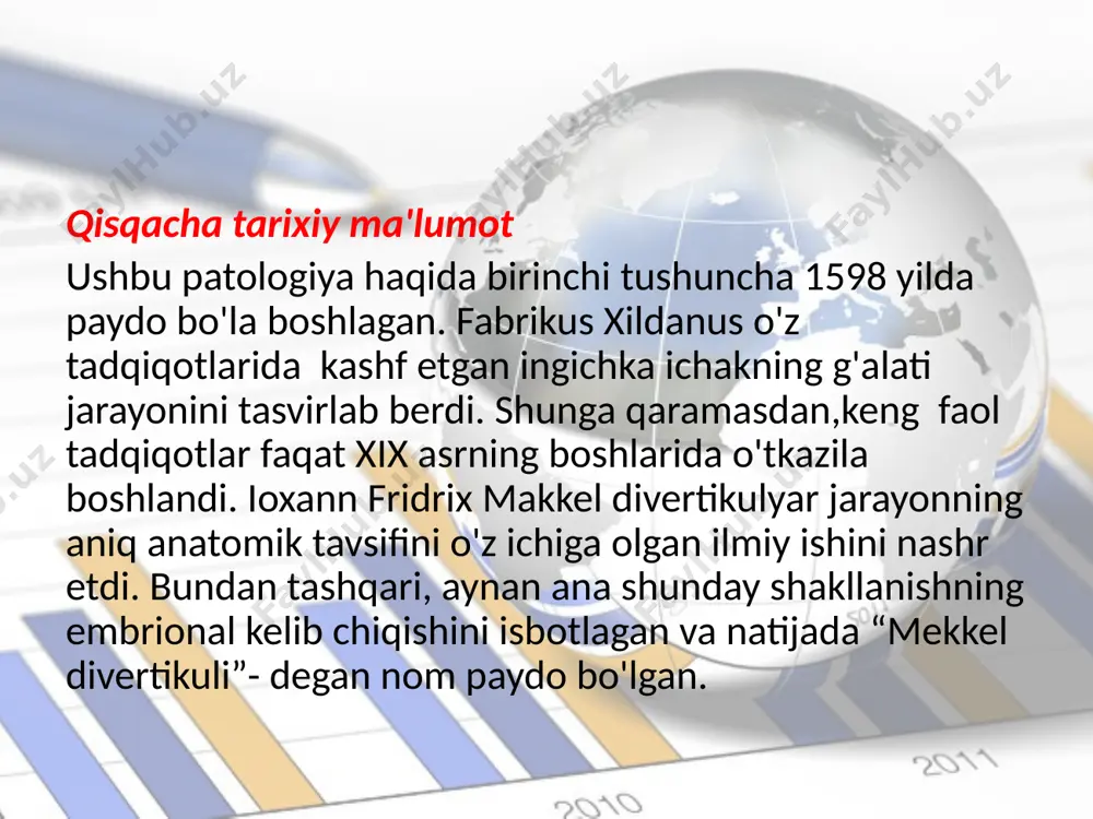 eckel divertikulum gangrenasi topilgan. bolalarda gematoxeziya (najasdagi yorqin qizil qon) eng ko'p uchraydigan ko'rsatkichdir. zamonaviy tekshirish usullari: shunisi e'tiborga loyiqki, bolalarda mekkelning divertikuli ma'lum asoratlari bo'lmaganida, atigi 10% hollarda to’g’ri va tasodifan tashxis qo'yilgan. qolgan holatlarda esa, bu boshqa kasalliklar mavjudligida qorin bo'shlig'ining laparoskopiyasi paytida sodir bo'ladi. agar asoratlar hali ham paydo bo'lsa, unda diagnostika usullari qo'llaniladi. xususan, biokimyoviy qon tekshiruvi, shuningdek, okklyuziv qon uchun najasni laboratoriya o'rganish. yallig'lanish jarayoni mavjud bo'lsa, bolalarga qorin bo'shlig'i a'zolarining ultratovush tekshiruvi buyuriladi. bundan tashqari, tashxis kontrast yordamida ingichka ichakning rentgenografiyasini, shuningdek, qorin bo'shlig'ining sintigrafiyasini, kolonoskopiyasini, kompyuter tomografiyasini o'z ichiga olishi mumkin. qanday bo'lmasin, mekkelning divertikuli juda jiddiy patologiya ekanligini tushunish maqsadga muvofiqdir, shuning uchun har qanday holatda ham shifokor tavsiyalarini e'tiborsiz qoldirmaslik kerak. mekkel divertikulida angiografiya divertikulyar yallig'lanish bemorlarning 10-20 foizida mekkelning divertikul yallig'lanishi mavjud. ushbu kasallikning sababi qon tomir shakllanishidagi suyuqlikning turg'unligidir, bu o'z navbatida patogen mikroflorani va ikkilamchi infektsiyaning tarqalishi uchun …