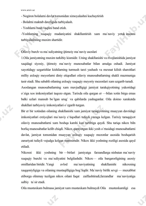 mkoniyatlari extiyojlari ma`naviy e`tiqodlari tufayli yuzaga kelgan. tarixiy taraqqiyot oilaviy munosabatlarni xam boshqa karshi kun tartibiga quydi. shu tariqa nikox biln borliq munosabatlar kelib chiqdi. nikox qurayotgan ikki yosh o`rtasidagi munosabatlarni davlat, jamiyat tomonidan muayyan axloqiy xuquqiy mezonlar asosida boshqarish zaruriyati tufayli vujudga kelgan marosimdir. nikox ikki yoshning roziligi asosida qayd etiladi. nikoxni ikki yoshning bir —birlari jamiyatga farzandlarga nisbatan ma`naviy xuquqiy burchi va ma`suliyatini belgilashdir. nikox— oila barqarorligining asosiy omillaridan biridir. yangi avlod ma`naviyatining shakllanishi nikoxning xaqqoniyligiga va oilaning mustaqilligiga bog`liqdir. ma`naviy birlik sevgi — muxabbat etiborga olinmay tuzilgan nikox oilani faqat zaiflashtiradi,farzandlar ma`naviyatiga salbiy ta`sir etadi. oila mustaxkam bulmasa jamiyat xam mustaxkam bulmaydi oila mustaxkamligi esa jamiyat barkarorligining muxim shartidir. islom falsafasi va xukuk bilimdoni rizouddin ibn faxriddin yozadi. insonlar dinu—dunyoni tuzat bulsa, eng avvalo guzal xulqga ega bulmoq ila oilalarni tuzatingiz. oila tuzalgandan xam din xam dunyo tuzaladi. (shark yulduzi jurnali 1992 10 — son 84 —bet) …