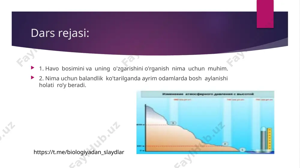 400m balandlikda joylashgan.toshkent havo harorati 0 gradus bo'lganda ,havo bosimi qanchaga teng bo’ladi ma'lumki havo bosimi yuqoriga ko'tarilgan sari har 12m dam 1mm simob ustuniga pasayadi. demak 12m --- 1mm some.ust 400m--- x 400m •1mm sim.ust x=-----------------------------=3,3mm sim.ust 12m dengiz sathidan harorat 0°cteng bo'lgandagi atmosfera bosimi 760mm.sim .ustga teng ekanligi ma’lum.760nm sim.ust --- 33,3 nm sim.ust=726,7mm sim.ust javob:toshkent shahrida havo harorati 0°cbo'lganda havo bosimi 726,7mm sim.ustga teng . https://t.me/biologiyadan_slaydlar masala:troposferada yuqoriga ko'tarilgan sari har 1000mda havo harorti+16°c bo’lsa ,2500m balandlikdagi tog’ cho'qqisida haroratqanchaga teng 1000m --- 6 °c 2500m --- x=15°c 16°c---15°c=+1°c javob:tog’ cho'qqisida havo harorativv+1°cga teng bo’ladi. https://t.me/biologiyadan_slaydlar tajriba:havo bosimi o'zgarishini kuzatish. uyga vazifa berish: e'tibor uchun raxmat https://t.me/biologiyadan_slaydlar 998997032385 (9) - e'tibor uchun raxmat image1.jpeg image2.jpeg image3.jpeg image4.jpeg image5.jpeg image6.jpeg image7.jpeg image8.jpeg /docprops/thumbnail.jpeg
