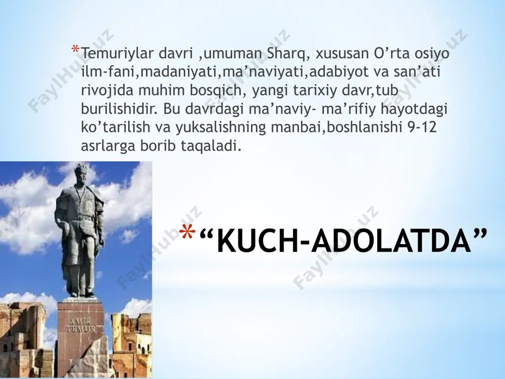 ulub» («ko’ngillar mahbubi») «me’zon ul-avzon» («vaznlar o’lchovi») v.b. 4 ta madrasa: ixlosiya, shifoiya, nizomiya, xusraviya alisher navoiy tomonidan bunyod etilgan inshootlar 25 dan ortiq masjid 11 ta honaqox 18 ta hovuz 9 ta hammom 16 ta ko'prik 50ga yaqin rabot 1 ta to'g'on abdurahmon jomiy (1414-1492) temuriylar davri ma'naviyati va ma'rifati rivoji o‘zlarining ongli hayoti va faoliyatini insonning baxt-saodati, xalqlar osoyishtaligi, obodonlik ishlari, ilm-fan, adabiyot va san'at rivojiga bag‘ishlagan ikki buyuk mutafakkir abdurahmon jomiy (1414-1492) va mir alisher navoiy (1441-1501) larning nomi bilan chambarchas bog‘liqdir. lutfiy (1366-1465) lutfiy ham zohiriy-dunyoviy, ham diniytasavvufiy ilmlarni chuqur egallagan, davr va zamoniga ochiq nazar bilan qarashga qodir, haqiqat va maʼrifatga sodiq ijodkor edi. navoiy soʻzi bilan aytganda, u "forsiy va turkiyda naziri yoʻq" shoir boʻlgan. temuryilar davri xattotllari: mirali tabrizi, shayx muhammad, junaid naqqosh, sultonali mashhadiy, abdujamil kotib, darvesh muhammad toqi, mirali qilqalam, sulton muhammad nur tasviriy san’at namoyandalari kamoliddin behzod mahmud muzahhib shamsiddin …