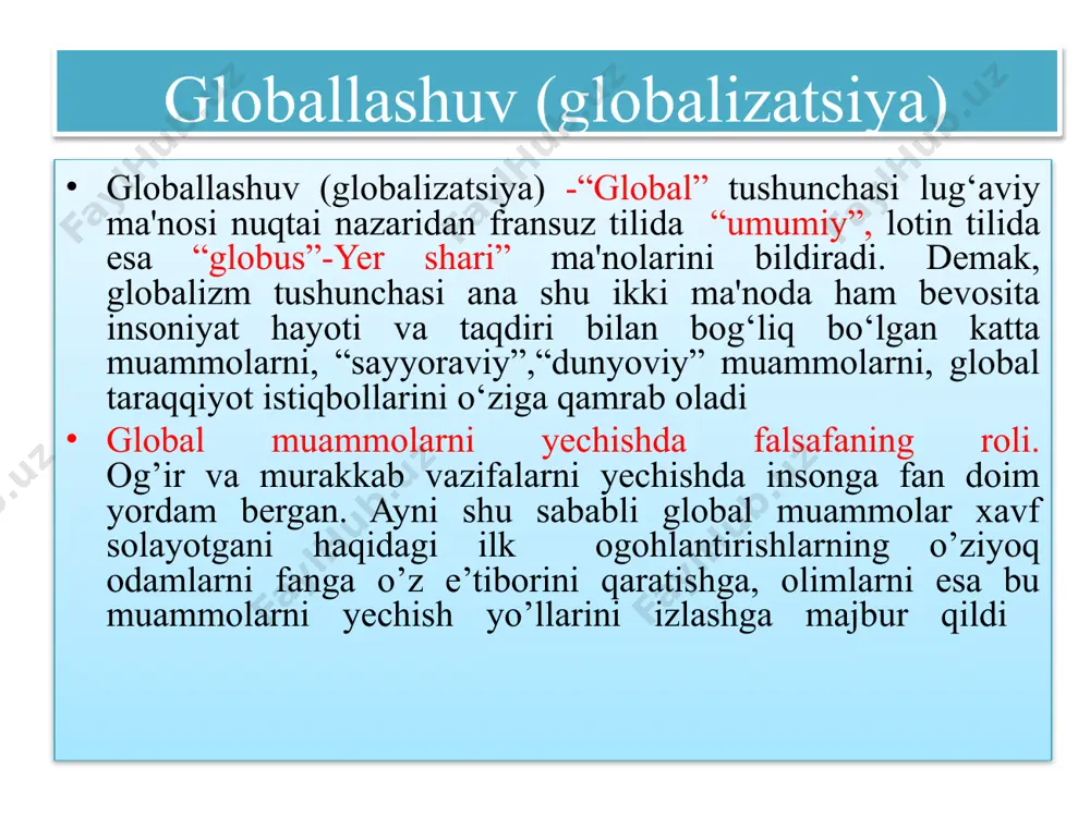 uyosh atrofida va oʻz oʻqi atrofida aylanib turadi. ) yondashuvlarga o‘rin bo‘shatdi, insoniyat esa, nihoyat, kun va tunning almashishini to‘g‘ri talqin qilishga muvaffaq bo‘ldi. fan falsafadan ajralib chiqib, bilimlar to‘planishi va texnikaning rivojlanishiga kuchli turtki berdi, fan-texnika taraqqiyoti va sanoat inqilobi yuz berishiga sabab bo‘ldi. so‘nggi voqealar natijasida insonning tabiatni o‘zgartiruvchi imkoniyatlari va uning atrof muhit bilan munosabatini butunlay o‘zgartirdi. umumbashariy muammolarni mazmuni va xususiyatiga ko‘ra uchta guruxga ajratish mumkin: birinchi guruxga: jahon termoyadro urushini oldini olish,yer yuzidagi xalqlar ijtimoiy taraqqiyoti uchun tinchlikni saqlash, rivojlanayotgan mamlakatlardagi mavjud kamchiliklarni tugatish, yangi xalqaro iqtisodiy tartibni o‘rnatish kabi muammolar kiradi ikkinchi guruhga: atrof-muhitni falokatli ifloslanishdan saqlab qolish,insoniyatni yoqilg‘i xom-ashyo, oziqovqat bilan taʼminlash, jahon okeani manbalarini koinotni o‘zlashtirish singari umumbashariy muammolarni tashkil etadi. uchunchi guruhga: ilmiy texnika inqilobi salbiy oqibatlarini oldini olish, sog‘liqni saqlash, savodsizlikka qarshi kurashish singari muhim hayotiy muammolardan iborat xulosa insoniyat o‘zini o‘zi tashkil etuvchi jonli tizim sifatida o‘z mavjudligi uchun …