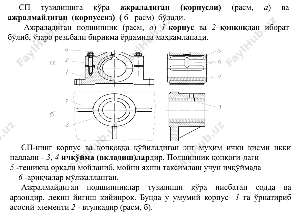 айди. подшипникларнинг ҳалқа ва думалаш элементлари махсус мустаҳкамлиги юқори бўлган шх6, шх9 ва шх15 (хромли шарикоподшипник) маркали пўлатлар, ҳамда 18хгт, 20х2н4а маркали лигерланган пўлат материаллардан тайёрланади. дастлабки механик ишловдан сўнг термик ишлов берилиб, жилвирланади. сепараторлар кўпинча лентали пўлатлардан штамплаб тайёрланади. v > 15 м/с -да сепараторлари бронзадан, латундан, дюралюминий ёки пластмассадан тайёрланади. қаторлар сонига кўра: бир ва икки қаторли бўлиши мумкин. дп юкланиш қобилияти ва ўлчамларига (диаметр ва энига) кўра 7 серияга бўлинади: ўта енгил (0), жуда енгил (1), енгил (2), енгил энли (5), ўрта (3), ўрта энли (6) ва оғир (4). дп асосий ўлчамлари: ташқи ҳалқанинг ташқи диаметри - d (корпус тешигини диаметри), ички ҳалқанинг ички диаметри- d (вал диаметри) ва эни- b. дп аниқлиги бўйича 5 синфга бўлинади: 0 – нормал, 6 , 5, 4 ва 2 – синфлар. аниқлик синфи дп шартли белгисининг олдига тире қўйилиб ёзилади. аниқлик синфи ёзилмаса у нормаль синфга мансуб бўлади. аниқлик синфи …