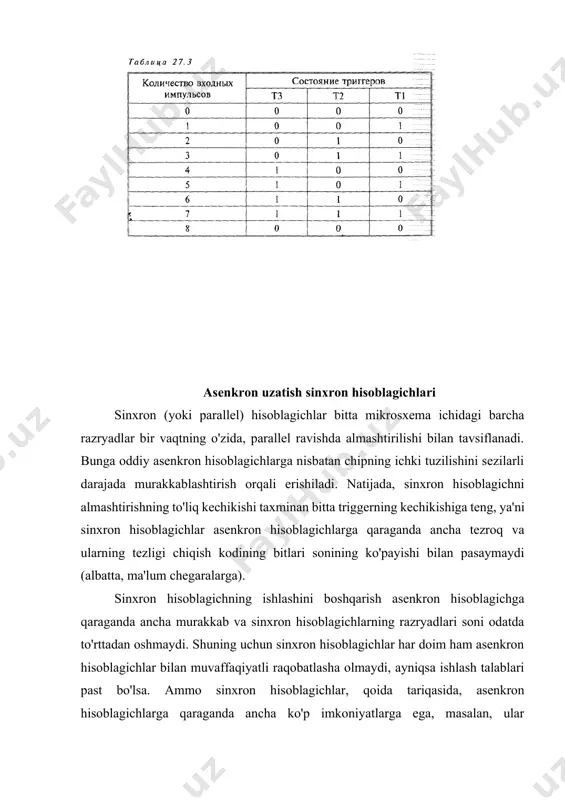 hisoblagichlarning uzatish signali to'g'ridan-to'g'ri hisobda barcha razryadlar birlikka teng bo'lganda (maksimal kodga erishilganda) va kirish signali kelganda hosil bo'ladi. shuning uchun kirish signalini takrorlaydigan uzatish signali kirish signaliga nisbatan kechiktiriladi. va aynan shu uzatish signali kaskad paytida keyingi hisoblagich uchun kirish sifatida ishlatiladi. ya'ni, ikkinchi hisoblagichning kirish signali birinchi hisoblagichning kirish signaliga nisbatan kechiktiriladi, uchinchi hisoblagichning kirish signali ikkinchi hisoblagichning kirish signaliga nisbatan kechiktiriladi va hokazo. asenkron uzatish bilan 4-bitli sinxron hisoblagichning vaqt diagrammasi sek. 17.1. rasmdan ko'rinib turibdiki, razryadlar bir vaqtning o'zida kirish signalining ijobiy tomoni bo'ylab (biroz kechikish bilan) almashtiriladi va salbiy uzatish signali ham kirish salbiy impulsiga nisbatan kechiktiriladi. ushbu uzatish signali bilan ishlaydigan hisoblagichning bitlarini kirish signali sifatida almashtirish ushbu hisoblagichning bitlarini almashtirishga nisbatan qo'shimcha kechikish bilan sodir bo'lishi aniq. рис. 17.1. временная диаграмма работы синхронного счетчика с асинхронным переносом asinxron uzatish bilan sinxron hisoblagichlarga ie6 ikkilik-o'nlik hisoblagichi va ie7 ikkilik hisoblagichi misol bo'la oladi (rasm. …