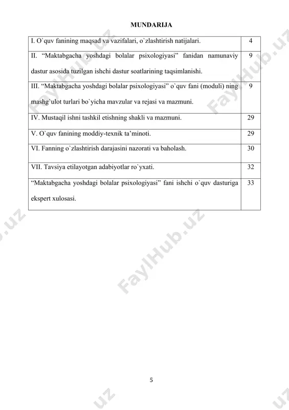 agnostika metodlarini qo’llash mavzusida referat tayyorlash 2 nazariy 1 og'zaki so'rov, test, baxs-munozara, savol-javob 17 faoliyat haqida umumiy tushuncha. mustaqil ish: mehnatning ijtimoiy mohiyati, turlari, tarbiyachilik kasbiga hos ijod va ilhomlanish haqida referat tayyorlash 2 nazariy 1 og'zaki so'rov, test, baxs-munozara, savol-javob 18 o'yin faoliyatining psixologik xususiyatlari. mustaqil ish. kompyuter o’yinlarining bola psixikasiga ta’siri haqida referat tayyorlash 2 amaliy 1 og'zaki so'rov, test, baxs-munozara, savol-javob 19 mehnat faoliyatining bola psixik rivojlanishiga ta'siri mustaqil ish: mehnat faoliyatining bola psixik rivojlanishiga ta’siri ishlanmalaridan namunalar tuzish. 2 amaliy 1 og'zaki so'rov, test, baxs-munozara, savol-javob 20 diqqat haqida umumiy tushuncha. mustaqil ish: diqqat turlari: ixtiyorsiz diqqat, ixtiyoriy diqqat, ixtiyoriydan so`nggi diqqat mavzusida referat tayyorlash. 2 nazariy 1 og'zaki so'rov, test, baxs-munozara, savol-javob 21 bolalarda diqqatning rivojlanishi mustaqil ish. diqqatning ko’lami, bo’linuvchanligi zaifligining faoliyatda ko’rinishi mavzusida referat tayyorlash 2 amaliy 1 og'zaki so'rov, test, baxs-munozara, savol-javob 22 sezgi haqida umumiytushuncha mustaqil ish: sezgi xususiyatlari: adaptatsiya, …