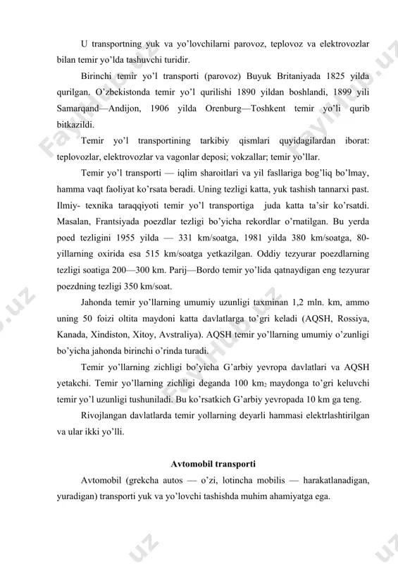 chiqarishda og’ir yuk ko’taradigan avtomobillar, avtopoezdlar, yo’lovchi tashishda esa avtobuslar, yengil mashinalar ishlatilmoqda. bundan tashqari, maxsus avtomobil transporti ham bor (medisina, oziq-ovqat, harbiy, ilmiy va boshqa maqsadlarda ishlatiladigan). yo’llar avtomobil transportining asosiy tarkibiy qismidir. yo’llar qattiq qoplamli va gruntli bo’ladi. ikki tomonlama avtomobil harakati uchun yaroqli bo’lgan keng yo’l avtostrada deb ataladi. bunday yo’llarning muayyan bir joylarida yon ko’chalardan ko’shiladigan kirish va chiqish joylari bo’ladi. ko’ndalang o’tish joylari viaduklarda yoki tunnellarda bo’ladi va avtostrada bilan kesishmaydi. juda katta masofaga cho’zilgan avtostrada trakt deb ataladi. masalan, katta o’zbekiston trakti toshkentni termiz bilan bog’laydi. kattik qoplamli yo’llarni ko’pincha shosse deb ataladi, tor texnik ma’noda shosse tosh yo’lni anglatadi. qattiq qoplami bo’lmagan, avtomobil va otarava yurishi uchun yaroqli bo’lgan yo’llar grunt yo’llari deb ataladi. iqlim sharoitiga qarab ular mavsumiy bo’lishi mumkin. ular tabiiy (qishloq, o’rmon yo’llari, karvon yo’llari, tog’ yo’llari) va yaxshilangan yo’llarga bo’linadi. avtomobil transporti yuk oborotining deyarli yarmi sanoat korxonalari va …