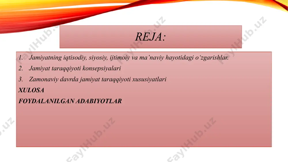 adi, har bir sivilizatsiya o‘z davrida yuksalish va inqiroz bosqichlarini boshdan kechiradi. texnokratik konsepsiya: taraqqiyotning asosi ilm-fan, texnika va texnologiyalarning rivojlanishidadir. modernizatsiya nazariyasi: rivojlanayotgan jamiyatlar zamonaviy (industrial va postindustrial) jamiyatlar sari yo‘naltirilishi zarur. axborot jamiyati konsepsiyasi: xxi asrda taraqqiyotning asosiy omili – axborot, bilim va raqamli texnologiyalardir. jamiyat taraqqiyotining mazmuni shundaki, insoniyat har bir bosqichda yangi qadriyatlar yaratadi, iqtisodiy tizimlarni o‘zgartiradi, siyosiy boshqaruv shakllarini takomillashtiradi. taraqqiyot bir xil chiziqli emas, balki murakkab, ba’zan orqaga qaytishlar, inqiroz va yangilanishlarni o‘z ichiga oladi. jamiyatning taraqqiyotini belgilovchi asosiy omillar: ishlab chiqarish kuchlari, mehnat taqsimoti, ilm-fan, texnika, tabiiy sharoit, madaniyat va ijtimoiy qadriyatlar. jamiyat taraqqiyoti yo‘nalishlari jamiyat taraqqiyotining asosiy yo‘nalishlari tarixiy bosqichlarga qarab farqlanadi: iqtisodiy yo‘nalish ibtidoiy jamoa xo‘jaligidan dehqonchilik va chorvachilikka, undan sanoat jamiyatiga o‘tish. kapital jamg‘arilishi va bozor iqtisodiyotining shakllanishi. xxi asrda – raqamli iqtisodiyot va innovatsion ishlab chiqarishning ustuvorligi. siyosiy yo‘nalish qabila boshqaruvidan davlat institutlariga o‘tish. absolyut monarxiyalardan parlament demokratiyalariga. fuqarolik …