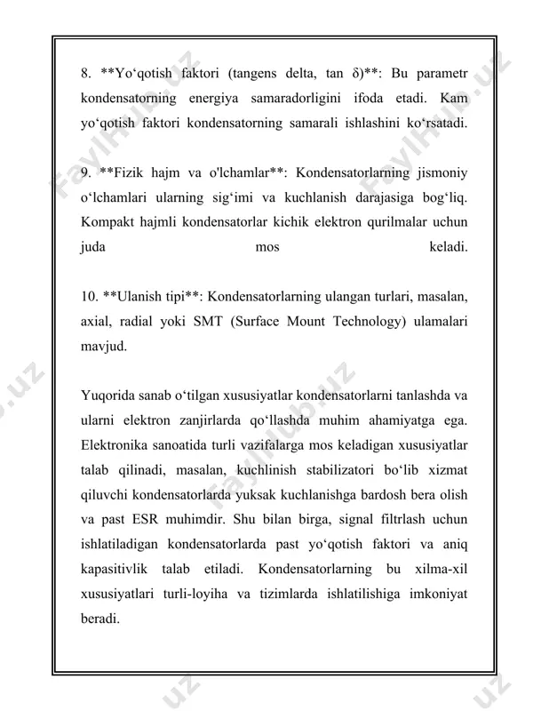 igi kabi omillar induktivlikka bevosita ta'sir qiladi. misol uchun, misdan yasalgan simlar yuqori o‘tkazuvchanlik xususiyatiga ega ekanligi uchun keng qo‘llaniladi. uchinchidan, induktivlik g'altaklarida magnit maydon hosil bo'ladi. bu magnit maydon o'zgarishi davomida elektromagnit induksiya natijasida eyuk hosil bo'ladi. o'zgaruvchan tok bilan ishlatilganda, bu g'altaklar reaktiv qarshilik hosil qiladi, va bu omil kuchlanish va tok orasidagi faza burchagini o'zgartiradi. reaktiv qarshilik \[ x_l = 2 \pi f l \] formula orqali hisoblanadi, bunda \(f\) chastota, \(l\) esa induktivlik. to'rtinchidan, induktivlik g'altaklari elektr zanjirlarida filtr sifatida ishlatilishi mumkin. ular yuqori chastotali signallarni pasaytirishi va past chastotali signallarni o'tkazishi mumkin. bu xususiyat radiotexnikada va audio elektronika qurilmalarida keng qo‘llaniladi. beshinchidan, g'altaklarda energiyaning magnit maydon shaklida saqlanishi muhim xususiyatdir. bu energiya \[ w = \frac{1}{2} l i^2 \] formula orqali hisoblanadi, bunda \(i\) – g'altakdan o'tayotgan tok. ushbu xususiyat energiyani vaqtinchalik saqlash va keyinchalik foydalanish imkoniyatini yaratadi. oltinchidan, o'zgaruvchan tok zanjirlarida induktivlik g'altaklari yuqori …