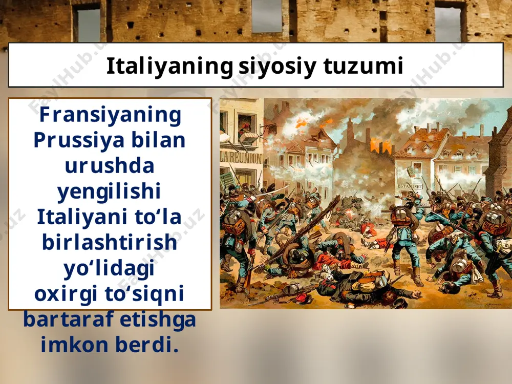 a gersegovinani avstriya istilo qilishiga qat’iy norozilik bildirdi va 1909-yilda rossiya bilan bolqon yarimorolidagi o‘z manfaatlarini quvvatlovchi bitim tuzdi. italiya 1911-yilda liviyaga hujum qildi. bu hol italiya-turkiya urushini keltirib chiqardi. liviya bu davrda rasman turkiya imperiyasi tarkibida edi. savol va topshiriqlar 1. italiyaning boshqa g‘arbiy yevropa davlatlariga nisbatan iqtisodiy jihatdan zaif, agrar davlat bo‘lib qolishi sabablarini qayd eting. 2. italiya iqtisodiy taraqqiyotining o‘ziga xos xususiyatini izohlab bering. 3. italiya mehnatkashlarining og‘ir qismati haqida nimalarni bilib oldingiz? 4. j. jolitti hukumati ichki siyosatda qanday tadbirlarni amalga oshirdi? image2.jpeg image3.jpeg image4.jpg image5.jpeg image6.jpeg image7.jpeg image8.jpeg image9.jpeg image10.jpeg image11.jpeg image12.jpeg image13.jpeg image14.jpeg image15.png image16.jpeg image1.jpeg