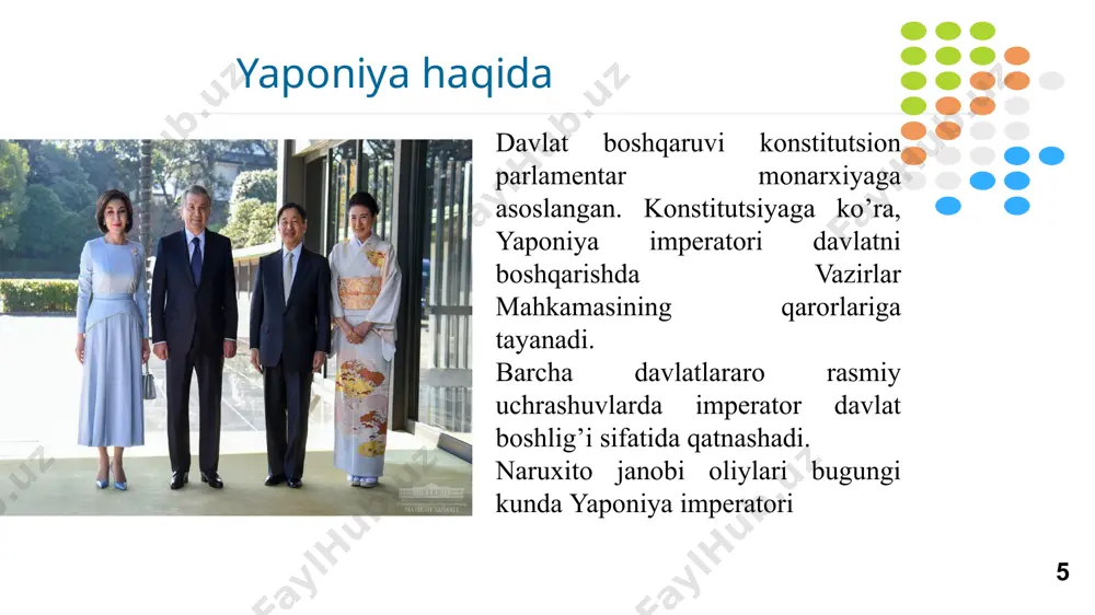 sanaladi. universitetning tarixi 1871 yillarga borib taqaladi. o’sha vaqtlardan bu universitet vaqtincha tibbiyot maktabi bo’lgan. 1939 yilga kelib nagoya imperatorlik universiteti deb atala boshlandi. 1947 yilda nagoya universiteti deb qayta nomlandi. 2004 yilda milliy universitetlar qatoriga kiradi va nagoya davlat universiteti maqomini oladi. 6 nafar nobel mukofoti sovrindorlari shu universitetni tamomlagan. o‘zbekistonning 10 dan ortiq universitetlari biz bilan shu universitet bilan hamkorlik qiladi. yurtdoshlarimizni 37 nafari shu universitetda tahsil oladi. 16 diqqat bilan eshitganlarni ota-onasiga rahmat! image6.png image7.png image8.jpeg image9.jpeg image10.jpeg image11.png image12.jpeg image1.emf image13.jpeg image14.png image15.jpeg image16.png image17.png image18.jpeg image19.jpeg image20.jpeg image2.emf image21.png image22.jpeg image23.jpeg image4.jpeg image24.jpeg image25.jpeg image5.png image26.png image27.png image28.png japanese school children