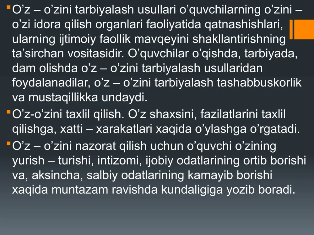 lligi, gullab-yashnashi yo’lida qilinayotgan fidoyi ishlar bilan bog’lanish; - shaxsni jamoada, jamoa orqali tarbiyalash; - tarbiyada bola shaxsini hurmat qilish va unga talabchanlik; - tarbiyaviy ishlarning izchilligi, muntazamligi hamda birligi; - tarbiyada o’quvchilarningyoshi o’ziga xos xususiyatlarini hisobga olish. quyida tarbiya jarayonining tamoillarini ko’rib chiqamiz. tarbiyaning bir maqsadga qaratilganligi printsipi. tarbiya maqsadini belgilashda jamiyat talablari, davr nafasi, milliy xususiyatlar asos qilib olinadi. tarbiyaning maqsadi har tomonlama kamol topgan - barkamol inson shaxsini tarbiyalashdir. o’qituvchilar jamoasi va har bir o’qituvchi-tarbiyachi ana shu maqsadlardan kelib chiqib, tarbiyaviy ishlarning vazifalarini belgilaydi, uning mazmunini aniqlaydi hamda maktab ish sharoitlarini hisobga olgan holda o’quvchilarni tarbiyalashning shakl va uslublarini tanlaydi. tarbiyaning hayot bilan bog’liqligi printsipi bu qoida tarbiyaviy ishlarning mazmuni va tashkil etilishini doimo yangilab turishni talab etadi. tarbiyachilar bolalar tarbiyasini hayot bilan bog’lar ekanlar, ularga o’zlarida iymon-e’tiqodni tarbiyalash imkonini beradilar. tarbiyaviy ishlar shunday tashkil qilinganda yoshlar jamiyat hayotiga faolroq jalb qilinadi, bu esa o’quvchi shaxsining tarkib …