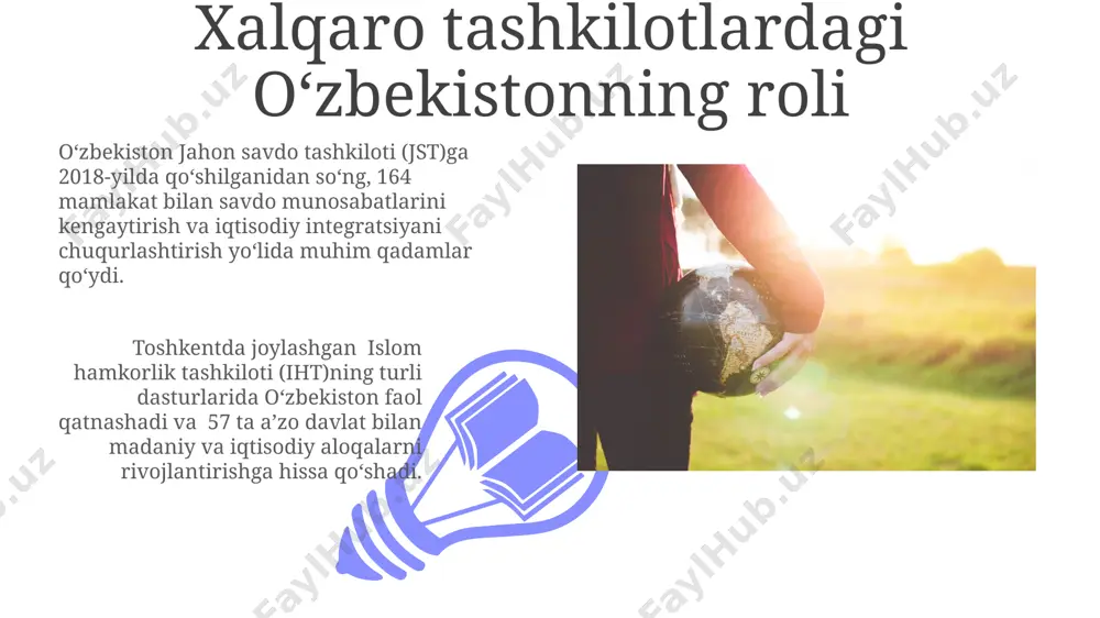 almashinuvlar oʻzbekiston 2023-yilda jahon banki bilan hamkorlikda 50 dan ortiq madaniy va gumanitar loyihalarni, shu jumladan samarqanddagi tarixiy obidalarni tiklash boʻyicha dasturlarni amalga oshirdi. oʻzbekistonning yunesko bilan hamkorligi doirasida buxoro va xivada 3 ta yangi madaniy turizm yoʻnalishlari ochilib, 150 mingdan ziyod sayyohni jalb qildi. oʻzbekistonning tashqi savdosi va iqtisodiy aloqalari rossiya oʻzbekistonning asosiy savdo sheriklaridan biri boʻlib, ikki mamlakat oʻrtasidagi energiya, transport va qishloq xoʻjaligi sohalarida hamkorlik 10 milliard aqsh dollaridan yuqori darajada saqlanib kelmoqda. oʻzbekistonning yevropa ittifoqi mamlakatlari bilan savdo hajmi 2023 yilda 5 milliard aqsh dollaridan ortdi, bu asosan toʻqimachilik, kimyo va qishloq xoʻjaligi mahsulotlari eksporti hisobiga amalga oshirildi. oʻzbekistonning global muammolarga munosabati oʻzbekiston 2030 yilgacha boʻlgan davr uchun barqaror rivojlanish maqsadlariga erishish boʻyicha 17 ta global maqsad doirasida faol ishtirok etadi va atrof-muhit muhofazasi, jumladan, aral dengizi muammosini hal qilishga alohida e’tibor qaratadi. mamlakat iqtisodiyotini diversifikatsiya qilish va jahon bozorlariga integratsiyalashuv yoʻlida 50 dan ortiq mamlakat …