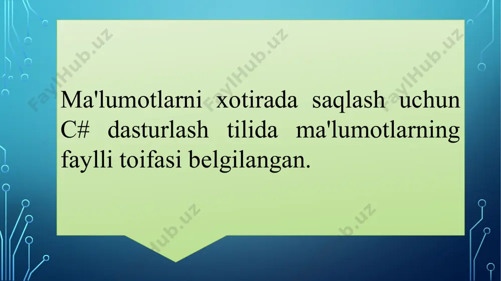 o’chirish. 6. void moveto(string fayl nomi)- faylni ko’chirish. fayllar quyidagi masalalarni yechishga asoslangandir: 1. qiymatlarni boshqa dasturlar foydalanishi uchun saqlab qo’yish; 2. dasturning kiritish-chiqarish tashqi qurilmalari bilan aloqasini tashkil qilish. uqish.txt fayldan ikkita sonni o’qib, ularni yig’indisini yozish.txt fayliga yozish dasturi streamwriter yozish = new streamwriter("d:\\yozish.txt"); streamreader uqish = new streamreader("d:\\uqish.txt"); yozish.writeline(int.parse(uqish.readline()) + int.parse(uqish.readline())); yozish.close(); uqish.close(); fayl davomidan ma’lumotlarni yozish. streamwriter a; a = file.appendtext("d:\\yozish.txt"); a.writeline("yangi satr"); a.close(); e`tiboringiz uchun raxmat! image2.png image3.png image4.png /docprops/thumbnail.jpeg