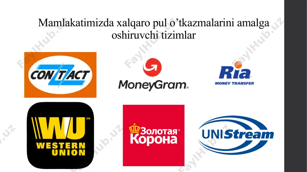 komissiya 1-100 2 100 2 100,01-200 4 100,01 – 200 3 200.01-300 6 200,01 – 300 5 300.01-400 8 300,01 – 400 6 400.01-500 10 400,01 – 500 8 500.01-600 12 500,01 – 600 10 600.01-700 14 600,01 – 700 12 700,01-800 16 700,01 – 800 14 800.01-900 18 800,01 – 900 15 900.01-1000 20 900,01 – 1000 16 1000,01-2000 35 1000,01 – 2000 32 2000,01-3000 50 2000,01 – 3000 48 3000,01-4000 70 3000,01 - 5000 80 4000,01-5000 100 5000,01 – 10000 90 moneygram tizimi bo‘yichа pul o‘tkаzmаlаrini аmаlgа oshirish tаriflаri o’zbekiston respublikasidan xitoyga (aqsh dollarida) o’zbekiston respublikasidan uzoq chet el mamlakatlariga (aqsh dollarida) pul miqdori komissiya pul miqdori komissiya 0,01 – 300 9 0,01 – 100 10 300,01 – 600 18 100,01-250 18 600,01 – 1000 25 250,01-400 24 1000,01 – 2000 50 400,01 – 600 34 2000,01 – 5000 80 600,01 – 800 39 800,01 – 1000 44 …