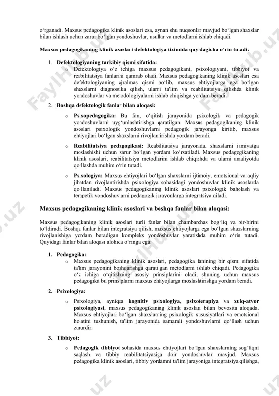 bu fanni o'qish orqali mutaxassislar o'zlarining pedagogik va klinik yondoshuvlarini rivojlantiradi. vazifalari: 1. maxsus ehtiyojlarni aniqlash va baholash: · ushbu fan, maxsus ehtiyojlari bo'lgan shaxslarni aniqlash va diagnostika qilish metodlarini o'rganadi. pedagoglar, psixologlar va tibbiy mutaxassislar tomonidan amalga oshiriladigan baholash jarayonlari shaxsning ehtiyojlarini aniqlash va unga mos yordam berishga imkon yaratadi. 2. maxsus ta'lim dasturlarini ishlab chiqish: · maxsus ehtiyojlari bo'lgan shaxslar uchun pedagogik yondoshuvlar va ta'lim dasturlarini ishlab chiqish. bu jarayonda shaxsning imkoniyatlari va qobiliyatlarini hisobga olgan holda individual ta'lim rejalari, o'quv materiallari va maxsus metodlar yaratish lozim. 3. shaxslar uchun reabilitatsiya dasturlarini ishlab chiqish: · maxsus pedagogika klinik asoslari, reabilitatsiya usullarini o'rgatadi. bu, nogironlik yoki rivojlanish kechikishlari bo'lgan shaxslar uchun tayyorlangan reabilitatsiya dasturlarini o'z ichiga oladi. reabilitatsiya yordamida shaxslar jamiyatga moslashish va mustaqil hayot kechirish imkoniyatiga ega bo'ladi. 4. pedagogik va psixologik yordam ko'rsatish: · fanning vazifalaridan biri, maxsus ehtiyojlari bo'lgan shaxslar uchun pedagogik va psixologik yordamni ta'minlashdir. …