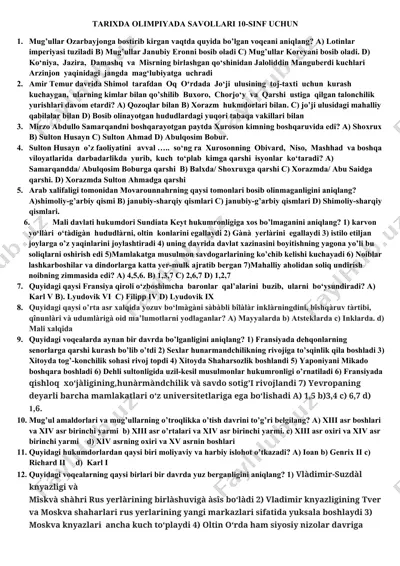 tarixda olimpiyada savollari 10-sinf uchun — DOCX