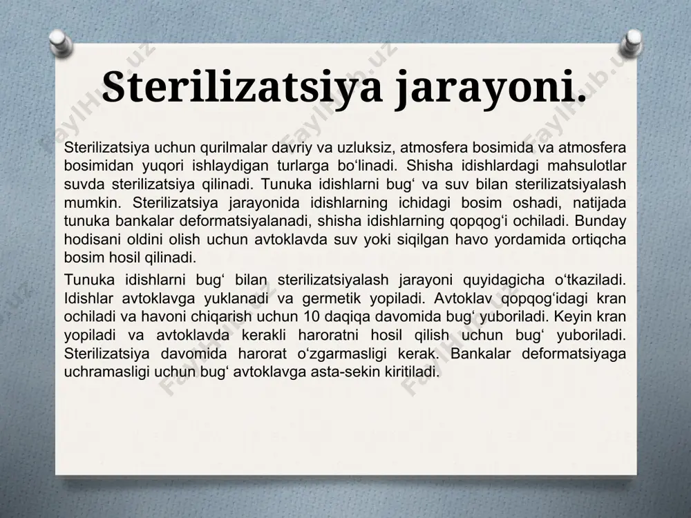 shtiriladi. baraban aylanganda bankalar o‘z o‘qi va baraban bilan aylanadi. shu bilan birga, barabanning bir uchidan ikkinchi uchigacha harakatlanadi. buning uchun silindirning ichki sirtida spiral shaklidagi yo‘naltiruvchi joylashtiriladi. texnik tizimning ishlab chiqarish quvvatiga ko‘ra rotorli sterilizatorlar ikki korpusdan: sterilizator va sovitgich; uch korpusdan: qizdirgich, sterilizator va sovitgich; yoki to‘rt korpusdan iborat bo‘ladi. to‘rt korpusli qurilma qizdirgich, sterilizator va ikkita sovitgichdan tashkil topadi. qurilmalar atmosfera bosimida yoki undan yuqori bo‘lgan bosim ostida ishlashi mumkin. bankalar zanjirli elevator yordamida qizdirgichga yuklanadi. agar bosim atmosfera bosimidan yuqori bo‘lsa, bankalar germetik klapanlar orqali yuklanadi va tushiriladi (t=95-98c). qizdirgichdan bankalar klapan orqali sterilizatorga tushadi va bug‘ bilan sterilizatsiya qilinadi. sterilazatordan bankalar sovitgichga tushib, 30-40c gacha sovuq suv bilan sovitiladi. bankalar ezilmasligi uchun qizdirgich va sovitgichda siqilgan havo yordamida ortiqcha bosim hosil qilinadi. qurilmaning kamchiligi quyidagilardan iborat: sterilizatorda faqat bir xil o‘lchamli tunuka bankalarni sterilizatsiya qilish mumkin. oxs-1 “xunister” sterilizatori. ons-1 “xunister” sterilizatori barcha turdagi konservalarni …