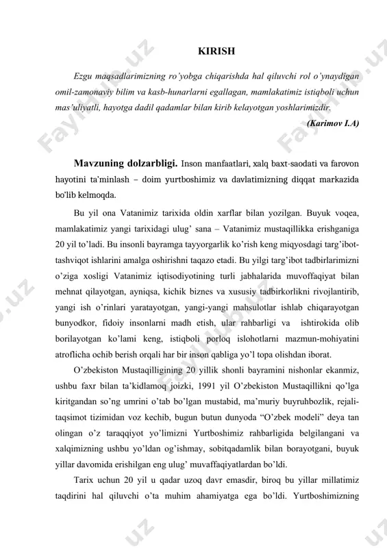 rnak qilib ko’rsatish orqali mehnatsevarlik ruhida tarbiyalashdan iboratdir. prezidentimiz tomonidan yoshlarga bo’lgan e’tibor kundan-kunga kuchayib bormoqda. bu e’tiborlarning yoshlar qanday qabul qilib, oqilona foydalanishlarini hayotda o’z o’rni va kasb-hunariga ega bo’lishini tushuntirish biz pedagoglarga ko’p jihatdan bog’liqdir. o’zbek xalqining qadimiy kasbi hunarmandchilik va dehqonchilik bo’lgan. o’zbek tuprog’ida turli kasb egalari alohida-alohida mahalla bo’lib yashashardi. bunda ham, albatta, xikmat bor. ma’lumki o’zbek tuprog’idagi kulol hind diyorida elga tanilgan mashhur kulolni “ustoz” deb atagan. o’z kasbining mashhur ustasiga ming-ming chaqirim yo’l bosib, “ustoz” o’gitidan bahramand bo’lish uchun borishga hech nima to’sqinlik qila olmagan. xorazm, buxoro, farg’ona, samarqand, surxondaryo, qashqadaryo, andijon, qo’qon, namangan va toshkent diyori azaldan o’zining xunarmandlari bilan ham dong’i ketgan. xunarmandchilikni o’nlab sohalarida ishlab chiqarilgan mahsulotlar xorijga ham chiqarilagn. jumladan: zargarlik, kashtachilik, kulolchilik, naqqoshlik, temirchilik, misgarlik, qoshiqchilik, tikuvchilik, to’quvchilik, bo’yoqchilik, beshikchilik, egarchilik, oshpazchilik, qandolatchilik va hokazolar qatorida chinni va billur idishlari, konservalash va boshqa yangi sohalar bilan hunarmandchiligimiz boyidi. lekin, …