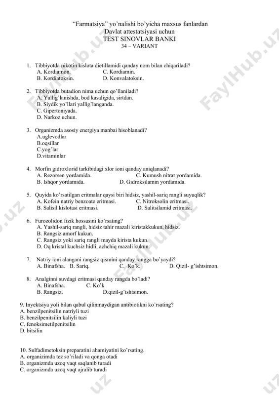 mon. 9. inyektsiya yoli bilan qabul qilinmaydigan antibiotikni ko’rsating? a. benzilpenitsilin natriyli tuzi b. benzilpenitsilin kaliyli tuzi с. fenoksimetilpenitsilin d. bitsilin 10. sulfadimetoksin preparatini ahamiyatini ko’rsating. a. organizimda tez so’riladi va qonga otadi b. organizmda uzoq vaqt saqlanib turadi с. organizmda uzoq vaqt ajralib turadi d. atsetillanadi 11. tiamin bromid miqdor i oshganida kuzatiladi: a. qon bosimini kamayishi b. nafas faoliyatini susayishi с. nafas faoliyatini kuchayishi d. qon bosimini ko’tarilishi 12. penitsilin guruhi antibiotiklari samarasiz bo’lganda qanday antibiotiklardan foydalaniladi? a. makrolidlar b. aminoglikozidlar с. sefalosporinlar d. tetratsiklin guruhi 13. qanday kasalliklarda riboflavin preparati qo’llaniladi? a. qabziyat b. konyuktivit с. o’tit d. xolitsistit 14. yiring tayo’qchalarini nobud qiluvchi preparatni ko’rsating? а. riboflavin b. tiroksin с. sefatoksim d. oksitotsin 15. tokoferol atsetat preparati ishlatiladi: a. tungishapkorlik b. raxit с. mushaklar distrofiyasi d. qon ivishini buzilishi 16. xavfli osma kasalliklarida ishlatiladigan dori vositalari, bu kasallikni faqatgina davolabgina qolmay, balki: a. organism uchun zarur …
