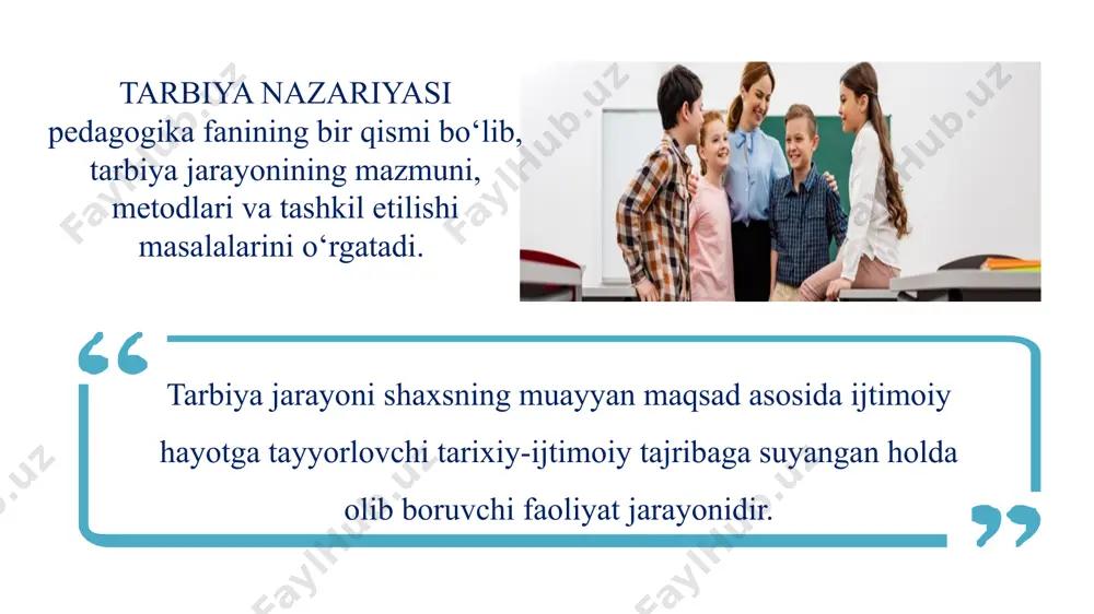 uvchilar, jamoat tashkilotlari va oilaning talab hamda tarbiyaviy ta’sirlarining birligi shaxsga talabchanlik bilan hurmatni birga qo‘shib olib borish tarbiyalanuvchining yosh va individual xususiyatlarini hisobga olish; jamoada taibiyalash va jamoaga suyanib ish ko‘rish; tarbiya metodlari tarbiya metodi (yunoncha «metodos» - yo‘l) tarbiya maqsadiga erishishning yo‘li. tarbiya amaliyotiga tatbiq etilganda, metodlar - bu tarbiyalanuvchilarning ongi, irodasi, tuyg‘ulari va xulqiga ta’sir etish usullaridir. tarbiya usullari - umumiy metodning bir qismi, alohida harakati, yanada aniqlashuvi. obrazli aytganda, usullar - bu qo‘yilgan maqsadga tezroq erishish uchun tarbiyachi o‘zining tarbiyalanuvchilari bilan yo‘l ochadigan o'rganilmagan so‘qmoq. agar uni boshqa tarbiyachilar ham foydalana boshlasa, u holda asta- sekin usullar keng ustunli yo‘llar - metodlarga aylanishi mumkin. amaliyotda tarbiya vositalari tushunchasi ham ajratiladi. usullar deganda ta’sir ko‘rsatishlar birligi, vosita deganda, usullar yig‘indisi tushuniladi. vosita - bu usul ham emas, metod ham emas. masalan, mehnat - tarbiya vositasi, biroq uni ko‘rsatib berish, mehnatni baholash, ishdagi xatoni ko‘rsatish - bu usullar. …