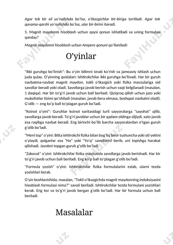 g harakatlantiruvchi kuch sifatida 5 n hosil qilmoqda. o‘tuvchi tok 4 a, burchak 90°, o'tkazgich uzunligini toping. yechim: ampere kuchi formulasi: f = b · i · l · sin θ berilganlar: f = 5 n, b = 2 t, i = 4 a, sin θ = 1. hisoblash: 5 = 2 · 4 · l · 1 l = 5 / 8 = 0.625 m. javob: o'tkazgich uzunligi 0.625 m. tayyorladi: samibekova laylo image4.jpeg image1.jpeg image2.jpeg image3.jpeg