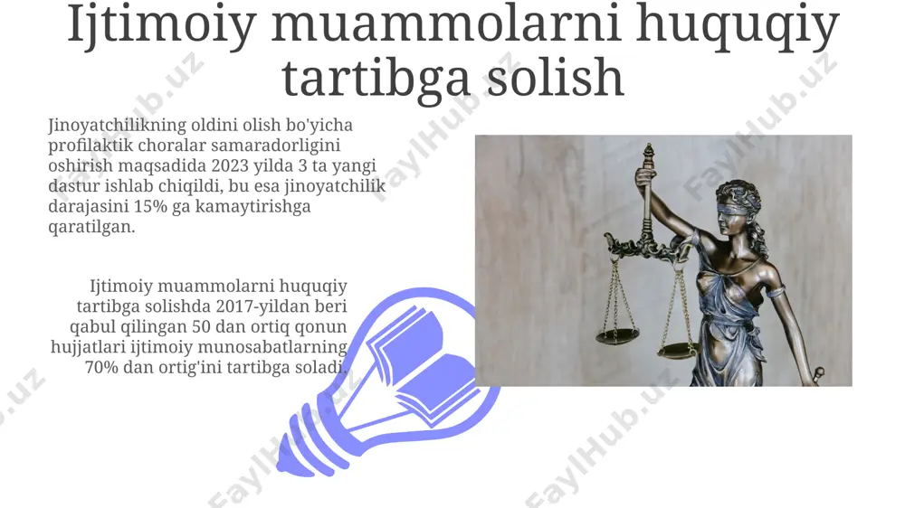 rni hal qilishda 2 ta asosiy vositani – huquqiy normalarni va ijtimoiy munosabatlarni birgalikda qo'llashni nazarda tutadi, bu samaradorlikni oshiradi. jinoyatchilik va ijtimoiy nazorat жиноятчиликнинг 30% дан ортиғи ижтимоий-иқтисодий омиллар билан боғлиқ бўлиб, камбағаллик ва ишсизлик каби муаммолар жиноят содир этилишига катта таъсир кўрсатади. ижтимоий назоратнинг самарадорлигини ошириш учун 15 дан ортиқ профилактика дастурларини амалга ошириш ва жамоатчилик фикрини фаоллаштириш муҳимдир. huquqiy siyosat va ijtimoiy o'zgarishlar 01 02 huquqiy siyosatning samaradorligi ijtimoiy o'zgarishlarning 30% gacha ta'sir qilishi mumkin, qolgan 70% esa boshqa omillarga bog'liq. bu esa, huquqiy siyosatni shakllantirishda keng ko'lamli ijtimoiy tadqiqotlarning ahamiyatini ko'rsatadi. sales 1st qtr 2nd qtr 100 0 sales 1st qtr 2nd qtr 100 0 e'tiboringiz uchun rahmat @taqdimot_robot image4.jpg image5.jpg image6.jpg image7.jpg image8.jpg image9.jpg image10.jpg image11.jpg image12.jpg image13.jpg image14.jpg image15.jpg image1.jpeg image2.jpeg image3.jpeg