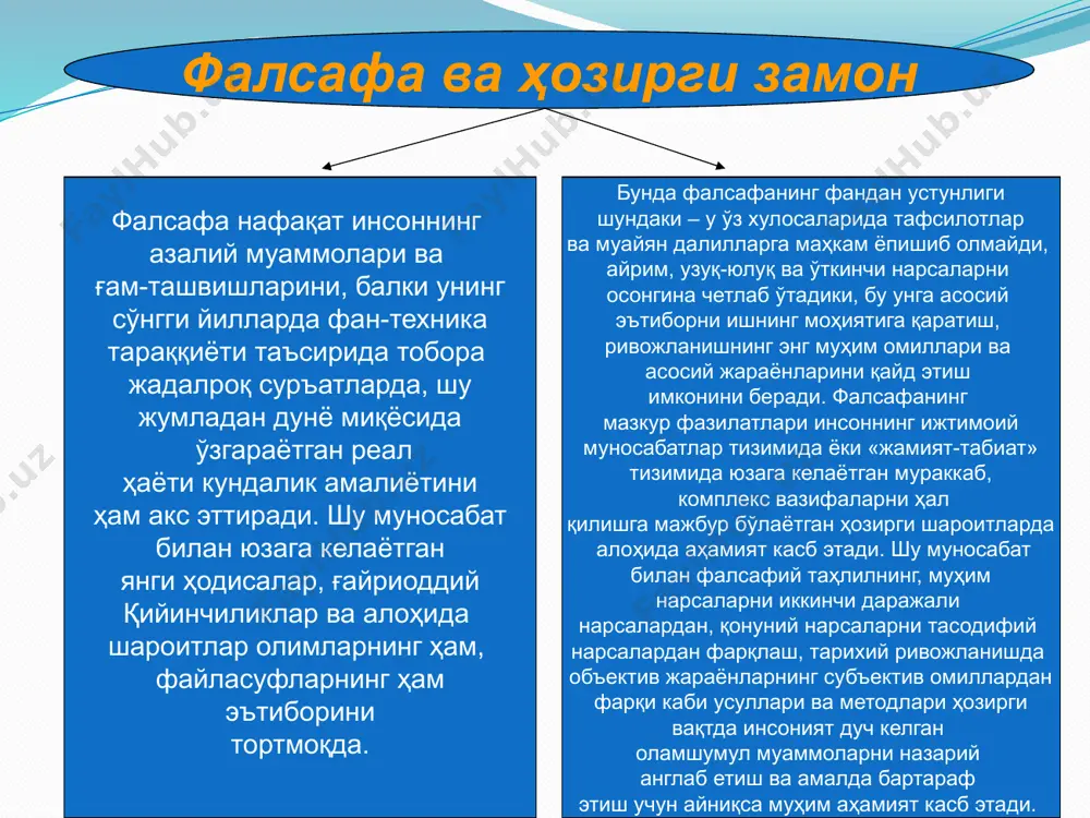 дий хавф солаётган глобал муаммолар пайдо бўлиши; мафкуравий таъсир ўтказишнинг ниҳоятда ўткир қуролга айланаётганлиги, сиёсий кучлар ва марказларнинг манфаатларига хизмат қилаётганлиги; турли ғоя ва мафкураларнинг таъсир доирасининг кенгайиши; бошқа халқлар (ғарб) миллий маданияти, тили, урф-одатларининг миллий маданият ва ёшлар тарбиясига таъсири; глобал комуникация воситалари орқали “оммавий маданият” ниқоби остида ахлоқий бузуқлик ва зўровонлик хавфининг ортиб бориши; инсоннинг эркин ижтимоий ҳаётига тиббий ва табиий хавф-хатарларнинг ўсиб бораётганлиги. 1. глобаллашув – глобус сўзидан олинган бўлиб, умумий ер шари деган маънони билдиради. 2. глобаллашув феномени – фалсафий, ҳаётий тушунча сафатида хўжалик-иқтисодий, ижтимоий- сиёсий, табиий-биологик глобал муҳитнинг шаклланишини, миллий ва минтақавий муаммоларнинг жаҳон миқёсидаги муаммоларга айланиб боришини ифода этади. 3. глобаллашув – бу аввало ҳаёт суръатларининг беқиёс даражада тезлашуви демакдир. 4. глобаллашув – турли мамлакатлар иқтисодиёти, маданияти, маънавияти ва одамлари ўртасидаги боғланишнинг (интеграциянинг) кучайишидир. глобаллашув – бу бутунжаҳон иқтисодий, сиёсий, маданий интеграция ва унификациялашув (бир-бирига яқинлашув) жараёнидир. асосий хусусиятлари халқаро меҳнат тақсимоти, капитал, ишчи …