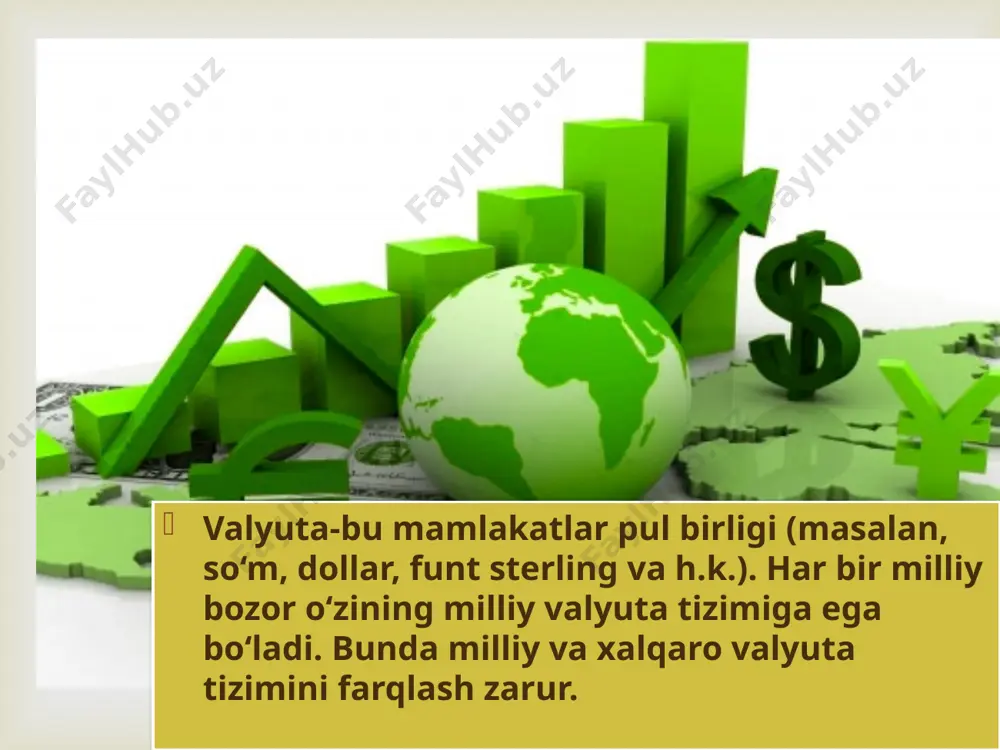 ruvchi loyiha va dasturlarni amalga oshirishga yonaltirilgan uzoq muddatli kreditlar hisoblanadi. хalqaro moliyaviy korporatsiya (хмк) uning faoliyati ustun ravishda rivojlanayotgan mamlakatlarning xususiy sektorini moliyalashtirishga yonaltiriladi. valyuta-moliya sohasidagi davlatlararo tashkilotlar  xalqaro rivojlanish assotsiyasi (хrа) unind asosiy faoliyati esa ko’proq qoloq mamlakatlarga imtiyozli yoki foizsiz kreditlar ajratishga qaratilgan. iqtisodiy hamkorlik va rivojlanish tashkiloti (ihrт) ular tomonidan ishlab chiqilgan bashorat ko’rsatkichlari asosida, jahon xo’jaligi rivojlanish tendentsiyalarini hisobga olgan holda, milliy iqtisodiyotlarning o’zaro moslashuviga imkon yaratuvchi makroiqtisodiy siyosatni olib borish bo’yicha tavsiyalar beriladi. хalqaro hisoblashuvlar banki (хhb) |shvetsariyaning bazel’ shahrida joylashgan bo’lib, bank faoliyatini xalqaro tartibga solishda etakchi rol o’ynaydi. dunyoning 70 dan ortiq markaziy banklar o’zlarining oltin-valyuta zahiralarini xhb hisobvaraqlarida saqlaydilar. еvropa tiklanish va taraqqiyot banki (еттb) 1990 yilda tashkil etilgan bo’lib, asosiy faoliyati markaziy va sharqiy evropa, мdh mamlakatlarini isloh qilish jarayonlari bilan bog’liq turli ko’rinishdagi dastur va loyihalarini moliyalashtirishga, bu mamlakatlarning jahon xo’jaligiga moslashuvini jadallashtirishga ko’maklashishga yonaltirilgandir. valyuta munosabatlarini tartibga …