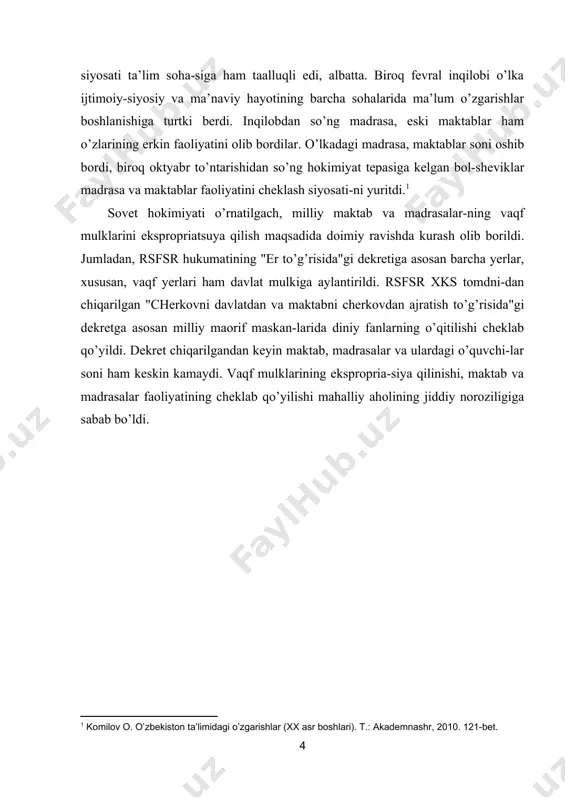 tushayotgan daromaddan foydalanish tartibini o’zgartirishni, ikkinchidan, vaqflar boshqaruvini o’zgartirish va vaqf organlarini tuzish, uchinchidan, eski maktablarni isloh qilish takliflarini kiritdi. vaqflar, madaniy muassasalardan tushayotgan daromadlar isloh qilingan maktablar hamda sovet maktablariga tushishi kerak edi. turkiston respublikasi miq soveti 1922 yil 28 dekabrda "vaqflar to’g’risida" yangi 173-sonli dekretni qabul qildi. unga ko’ra, oktyabr to’ntarishiga qadar vaqflarga tegishli bo’lgan mulk​lar, masjidlar, hojixona, qorixona, mozorlar, shuningdek, xyyriya va madaniy-ma’rifiy muassasalar (madrasalar, mak-tablar, yetimxona yoa boshqalar) tegishli muassasalarga foydalanishga beriladi. vaqflarni boshqarish tartibiga tegishli o’zgartirishlar kiritildi. yangi dekretga asosan vaqf tashkilotlari bosh vaqf boshqarmasi tomonidan boshqariladigan bo’ldi. masjid, madrasa va boshqa diniy tashkilotlar vaqf mulklarini mutaval-lilar boshqaradigan bo’ldi. madrasa, maktab va yetimxona hamda boshqa diniy xayriya muassasalari uchun mutavallilar vaqf bo’limi tomonidan saylanar, masjid va boshqa diniy muassasa mutavallilari muassasa joylashgan mahalla fuqarolari tomonidan saylangan. turkiston assr xalq komissarlari sove-ti 1923 yil 4 martda turkiston miqning 1922 yil 28 dekabr-da qabul qilgan dekretini amalga …