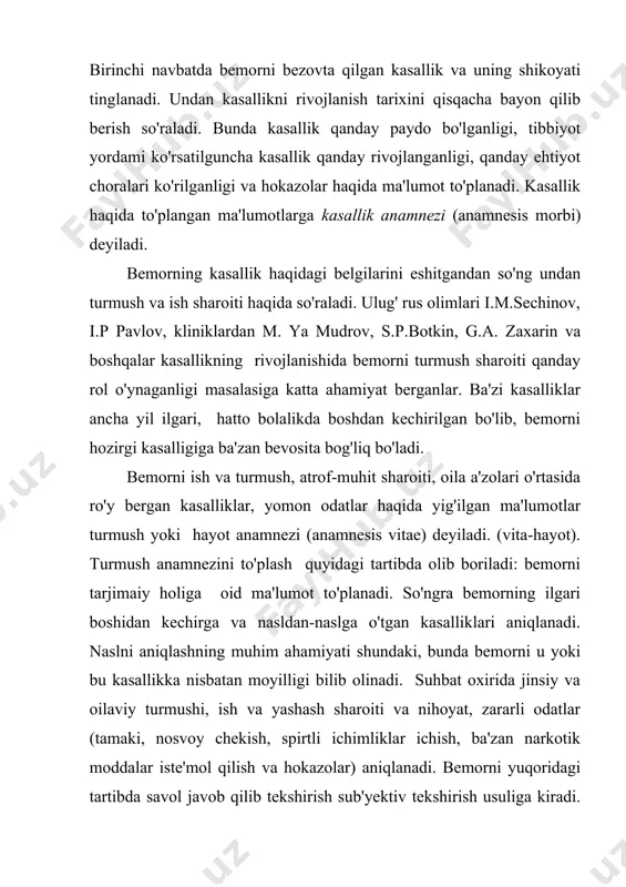 i limfa tugunlari) ning holati ya'ni katta-kichikligi, shakli, konsistensiyasi, og'rish-og'rimasligi, harakatchanligi ham aniqlanadi. bundan tashqari terining tarangligi (turgor), namligi yoki quruqligi, bo'g'imlar, muskullar holatini aniqlashda ham shu usul qo'llaniladi. palpatsiya usulini mukammal bilish kasalliklarga aniq diagnoz qo'yishda yordam beradi. masalan yurak sohasini palpatsiya qilish bilan yurak faoliyati va yurak muskullaridagi o'zgarishlar haqida muhim ma'lumotlarga ega bo'linadi. qorinni palpatsiya qilishdan asosiy maqsad qorin bo'shlig'idagi organlarning joylashgan o'rni va holatini aniqlashdir. auskultatsiya. organizmda sodir bo'ladigan tovushlarni eshitib ko'rish auskultatsiya deyiladi. bunda maxsus asbob-stetoskopdan foydalaniladi. o'pka, yurak-tomir sestemasi,ba'zan qorin bo'shlig'idagi organlar auskultatsiya qilib tekshiriladi. auskultatsiya ikki xil bo'ladi 1) bevosita auskultatsuya- bunda bemorning badaniga bevosita quloqni quyib eshitib ko'riladi; 2) bilvosita auskultatsiya-bu usulda bemorni maxsus asbob (stetoskop va fonendoskop) bilan eshitiladi. o’pkadagi xirillash plevraning ishqalanishida paydo bo’ladigan shovqin, yurakning toni va shovqini ana shu usulda aniqlanadi. auskultatsiya usulidan arterial qon bosimini aniqlashda, qon tomirining eshitishda foydalaniladi. perkussiya. tanani ustidan barmoq uchlarida urib ko'rish …
